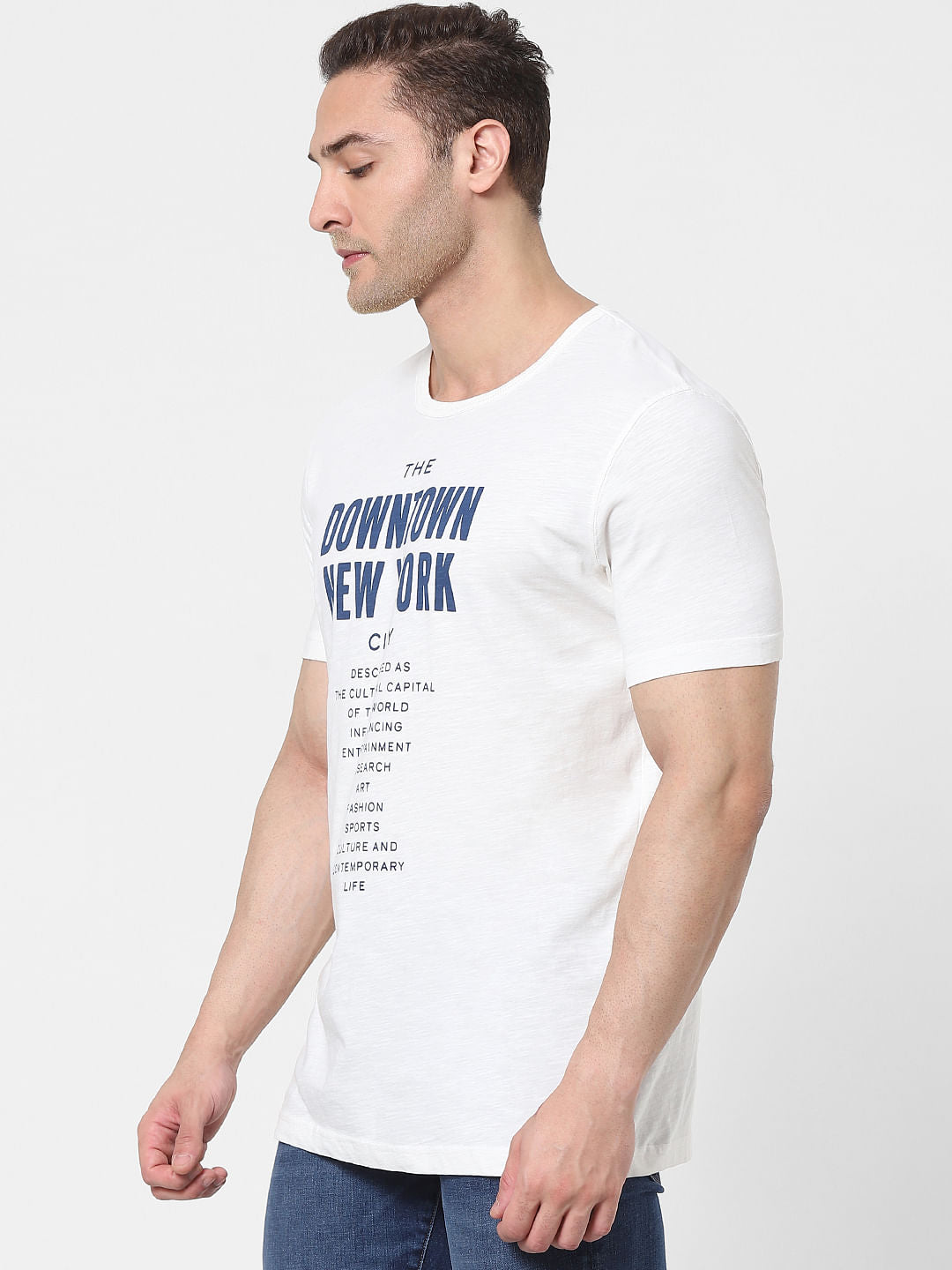 Cream Text Print Organic Cotton Crew Neck T-Shirt