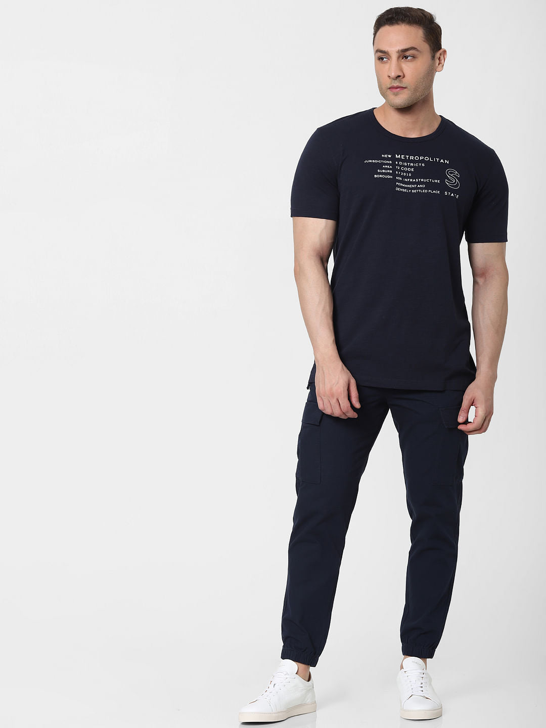 Blue Text Print Organic Cotton Crew Neck T-Shirt