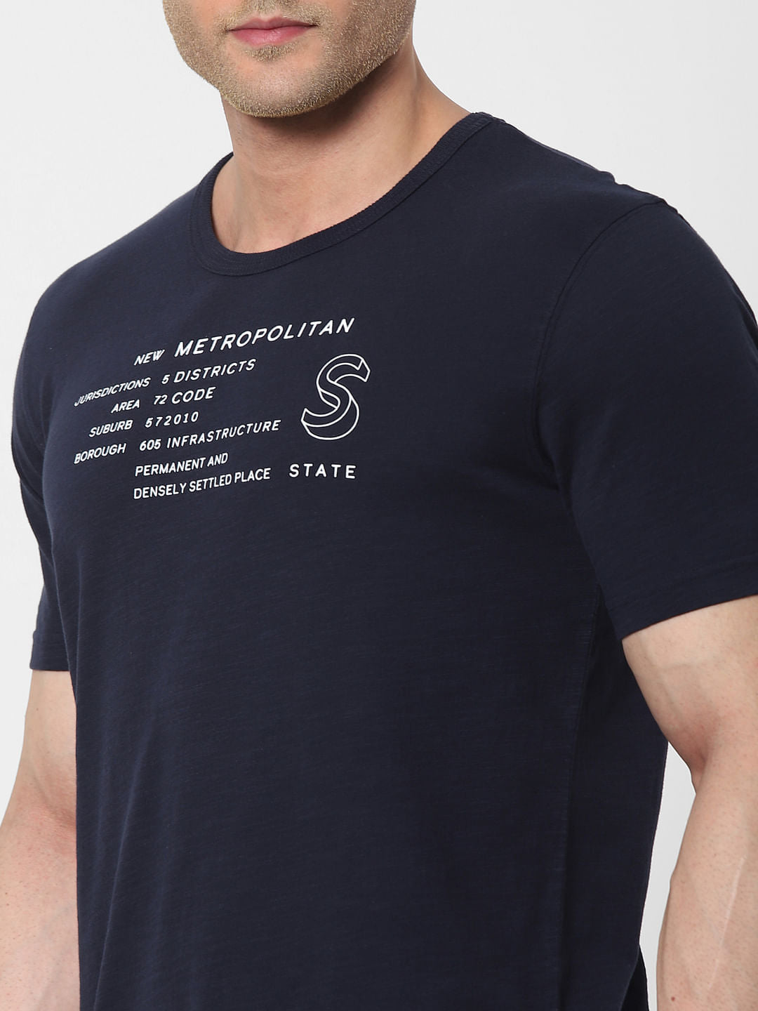 Blue Text Print Organic Cotton Crew Neck T-Shirt