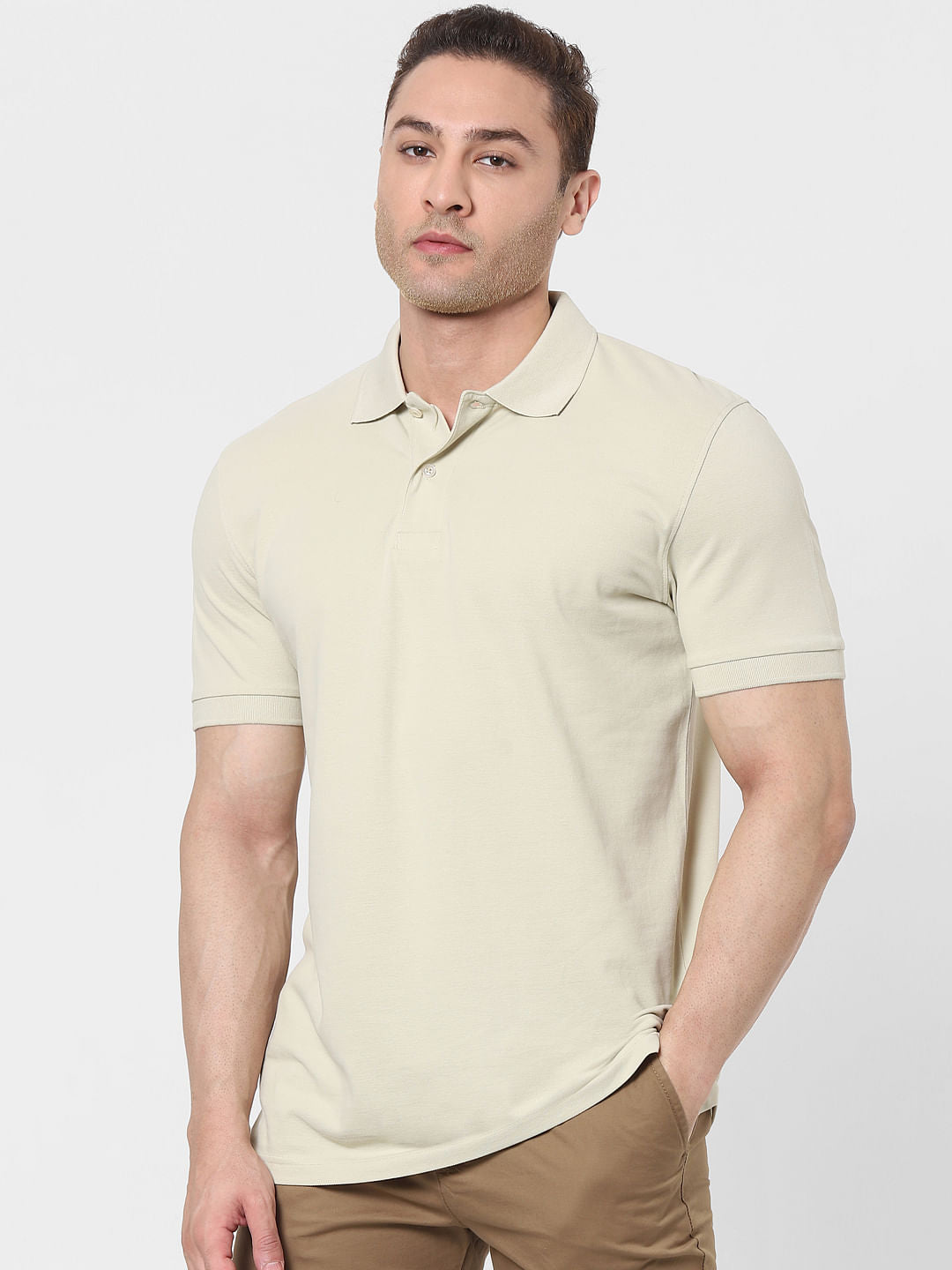 Beige Organic Cotton Polo Neck T-Shirt