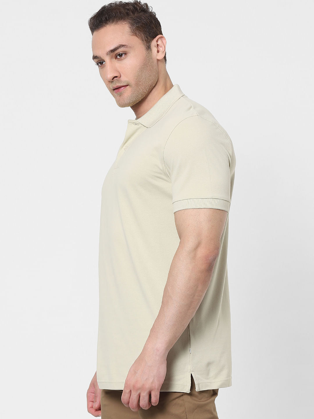 Beige Organic Cotton Polo Neck T-Shirt