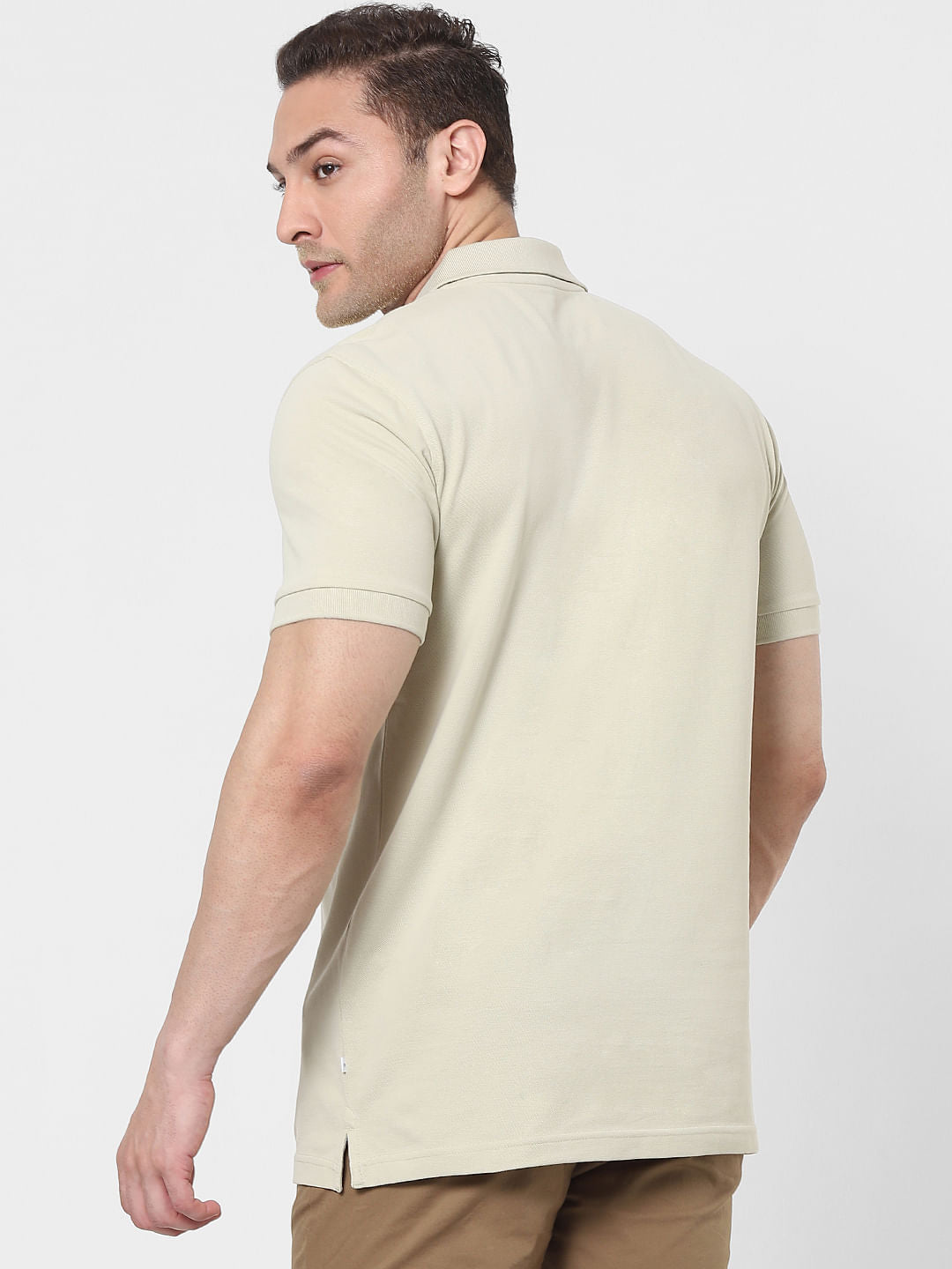Beige Organic Cotton Polo Neck T-Shirt