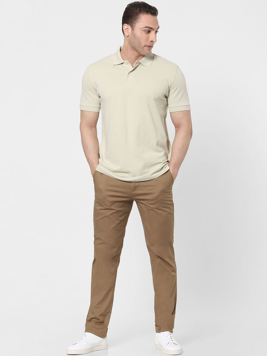 Beige Organic Cotton Polo Neck T-Shirt