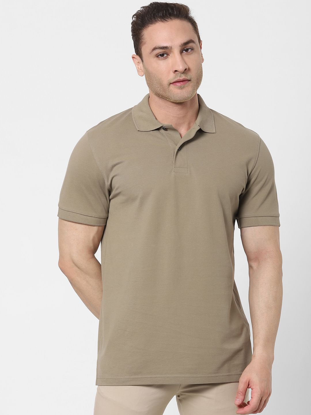 Khaki Organic Cotton Polo Neck T-Shirt