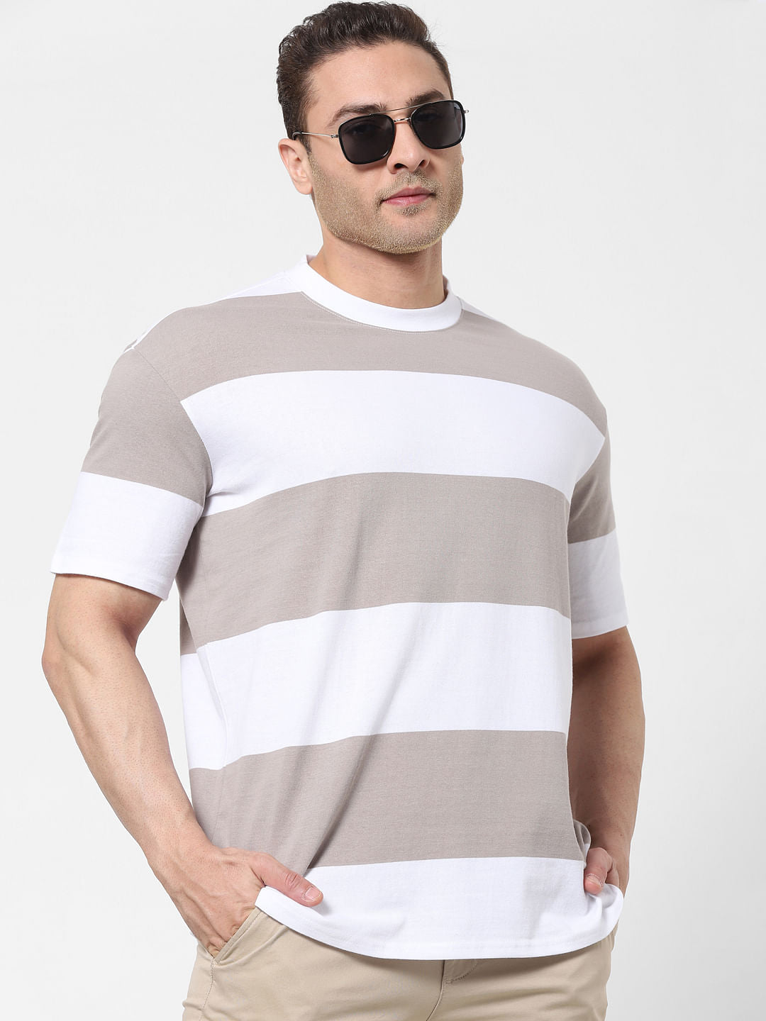 Grey Striped Organic Cotton Crew Neck T-Shirt
