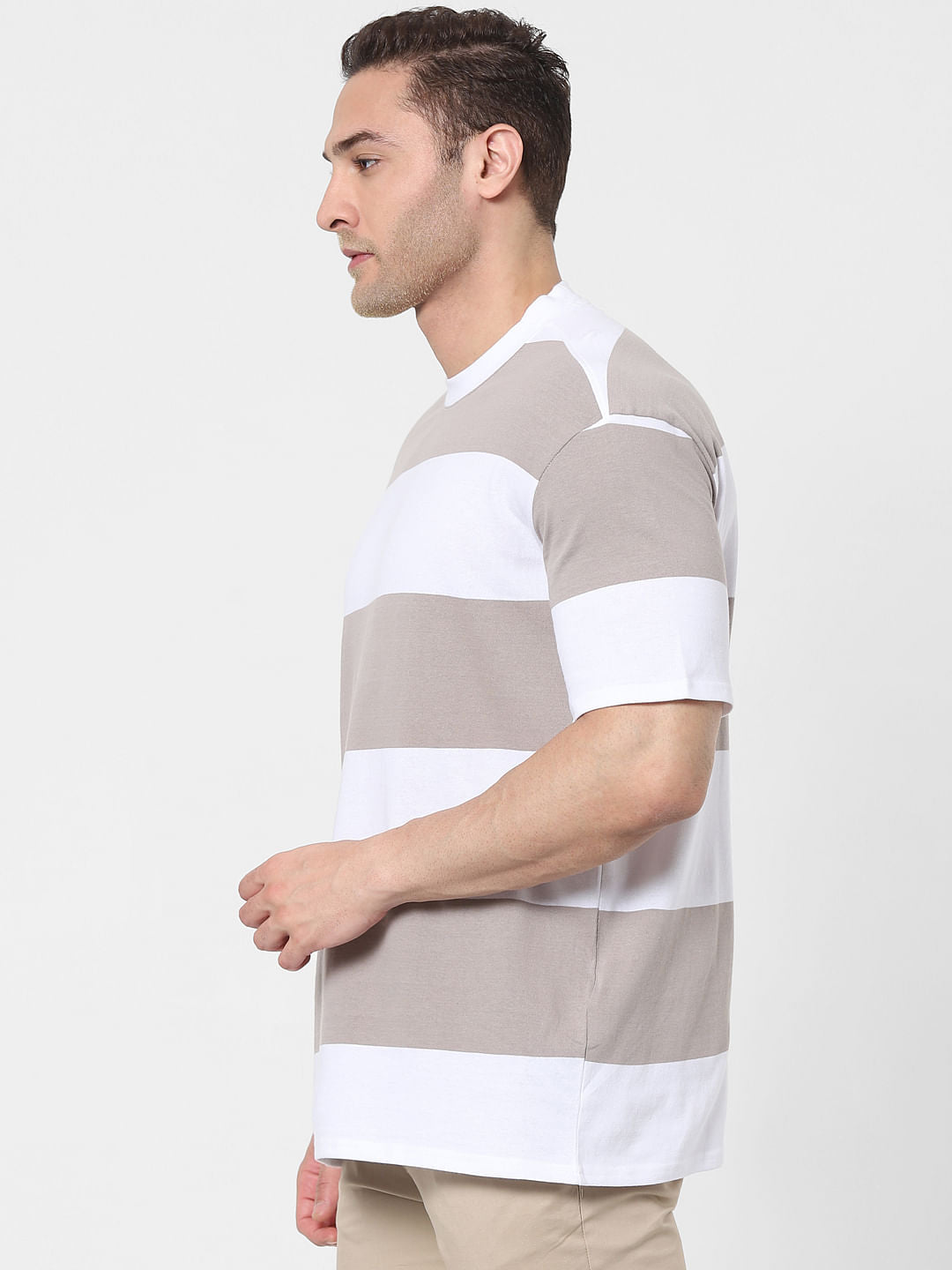 Grey Striped Organic Cotton Crew Neck T-Shirt
