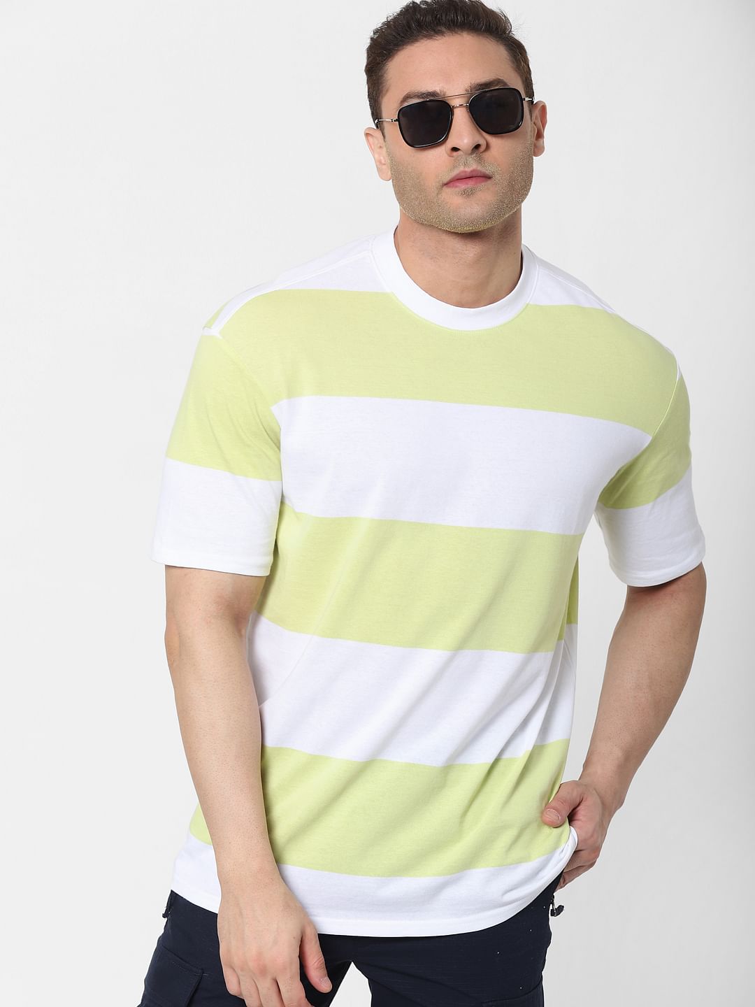 Lime Green Striped Organic Cotton Crew Neck T-Shirt