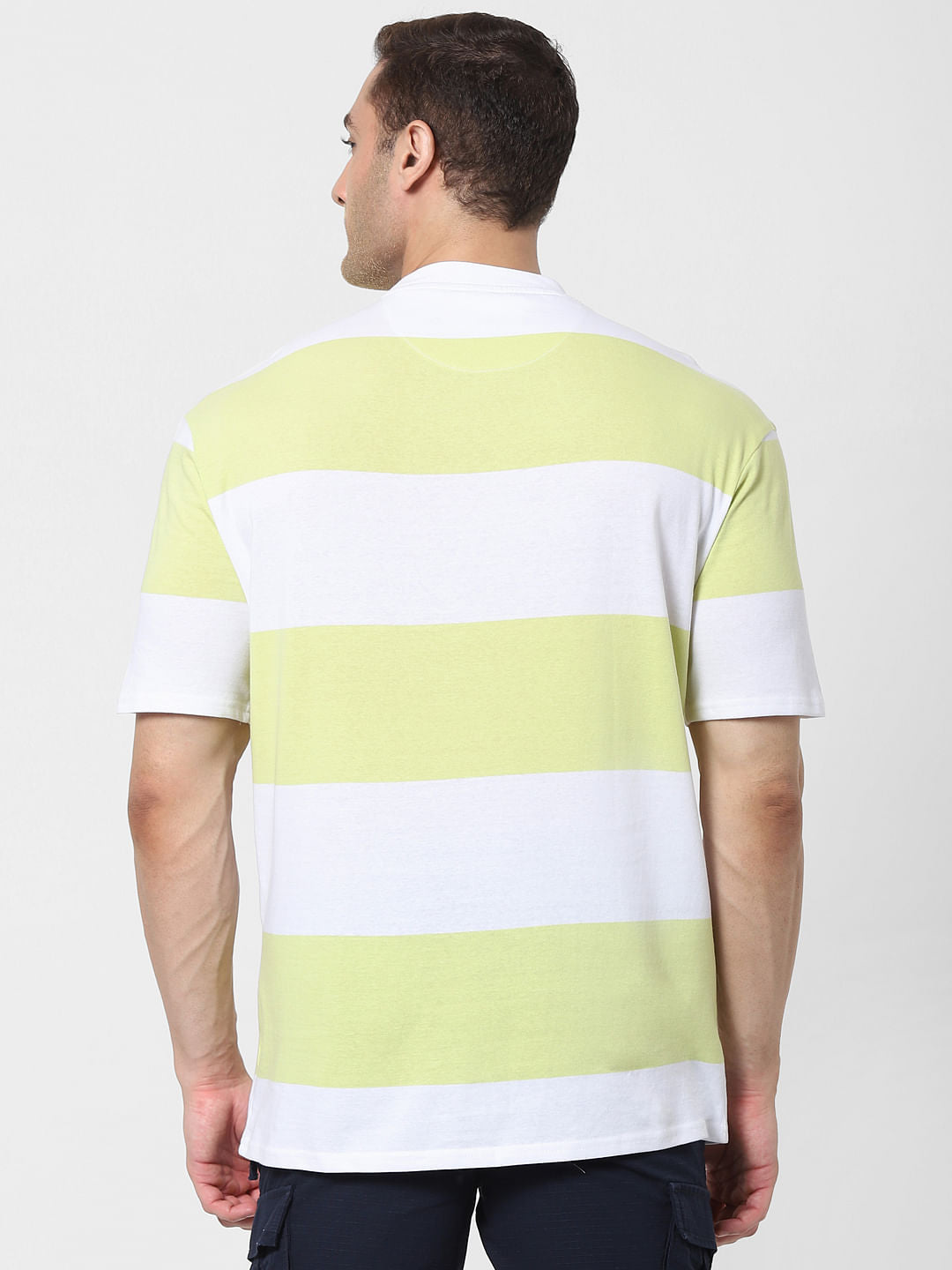 Lime Green Striped Organic Cotton Crew Neck T-Shirt