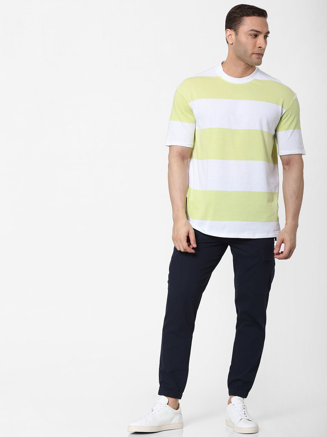Lime Green Striped Organic Cotton Crew Neck T-Shirt