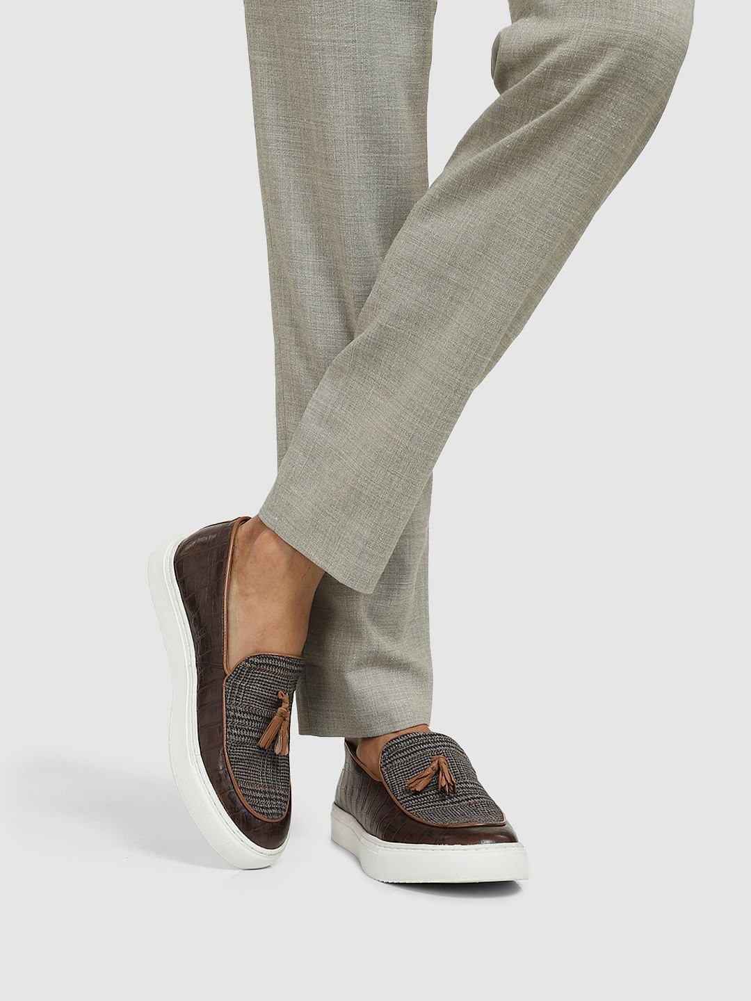 Brown Tweed Detail Leather Loafers