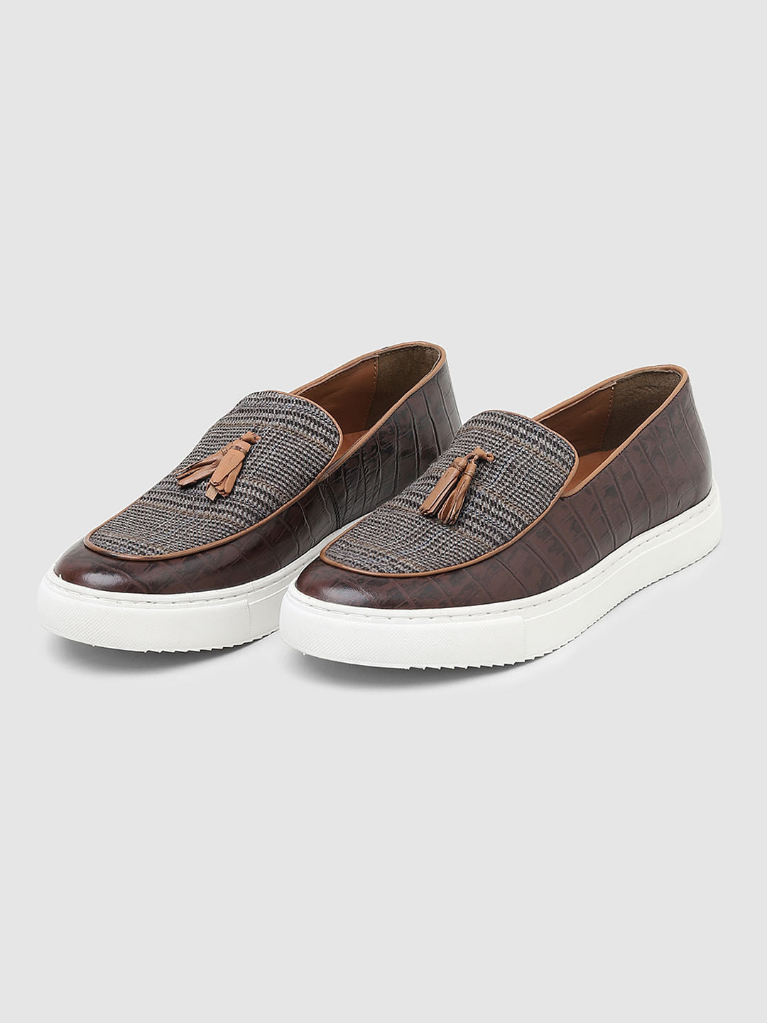 Brown Tweed Detail Leather Loafers