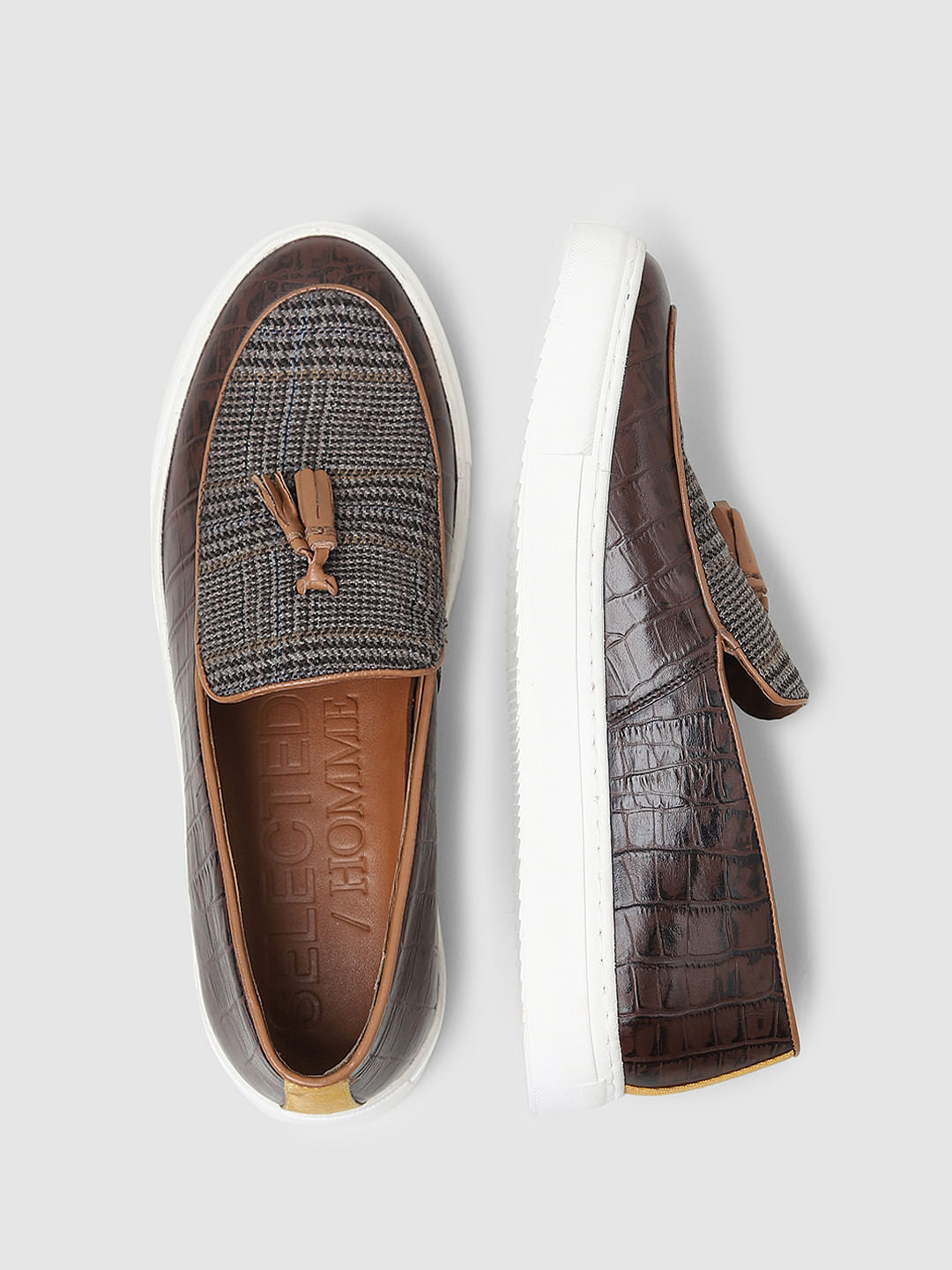 Brown Tweed Detail Leather Loafers