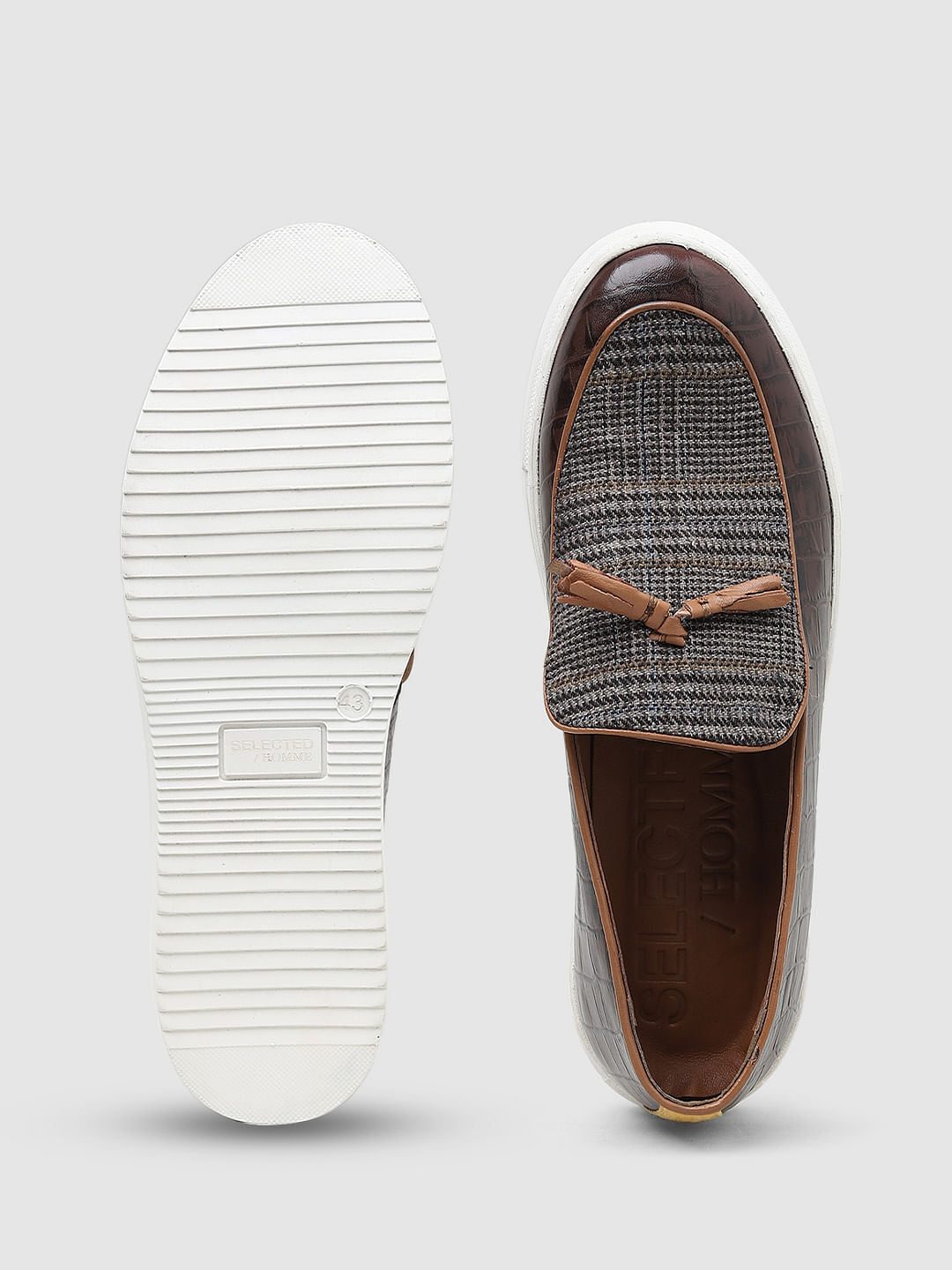 Brown Tweed Detail Leather Loafers