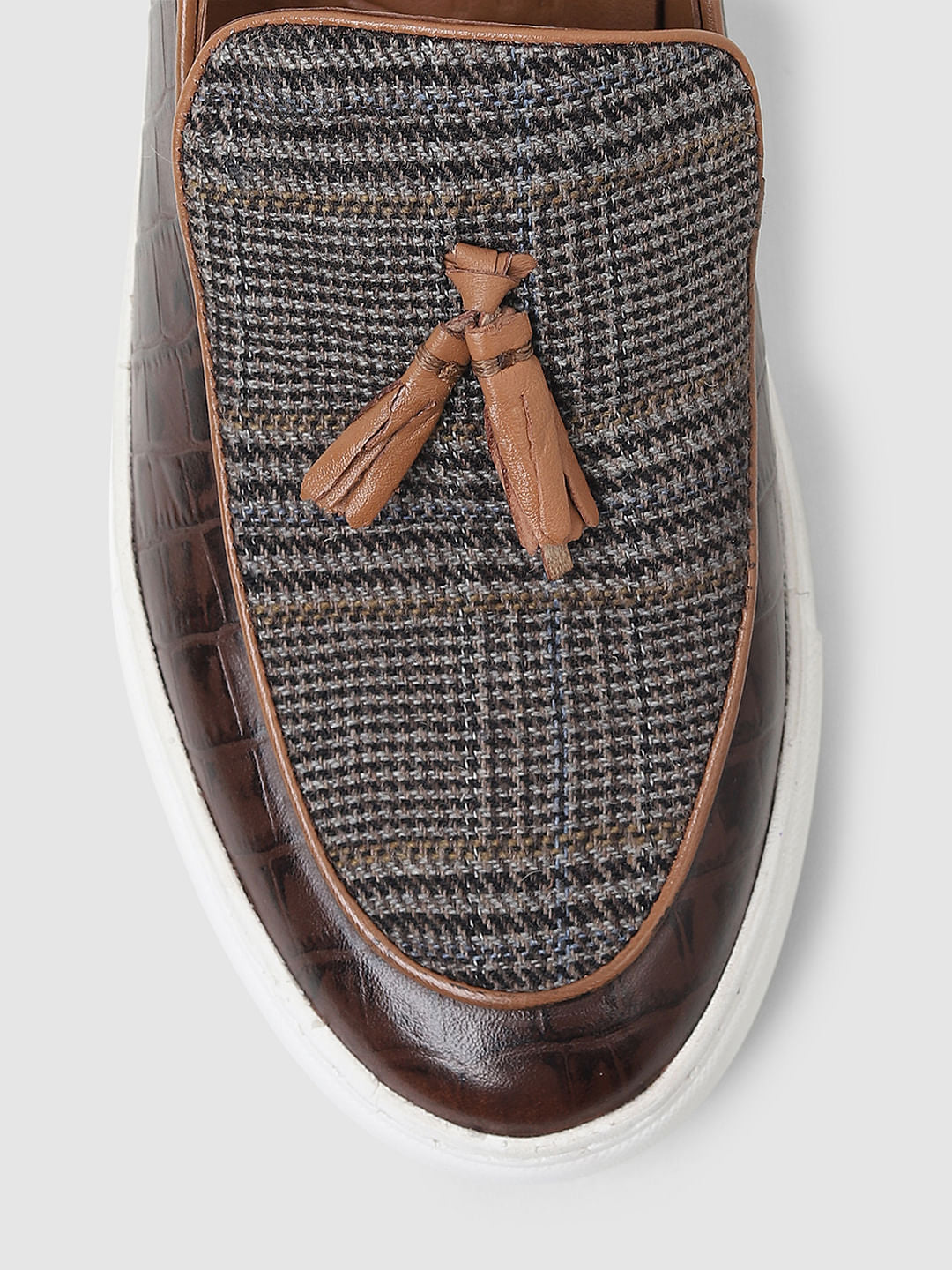Brown Tweed Detail Leather Loafers