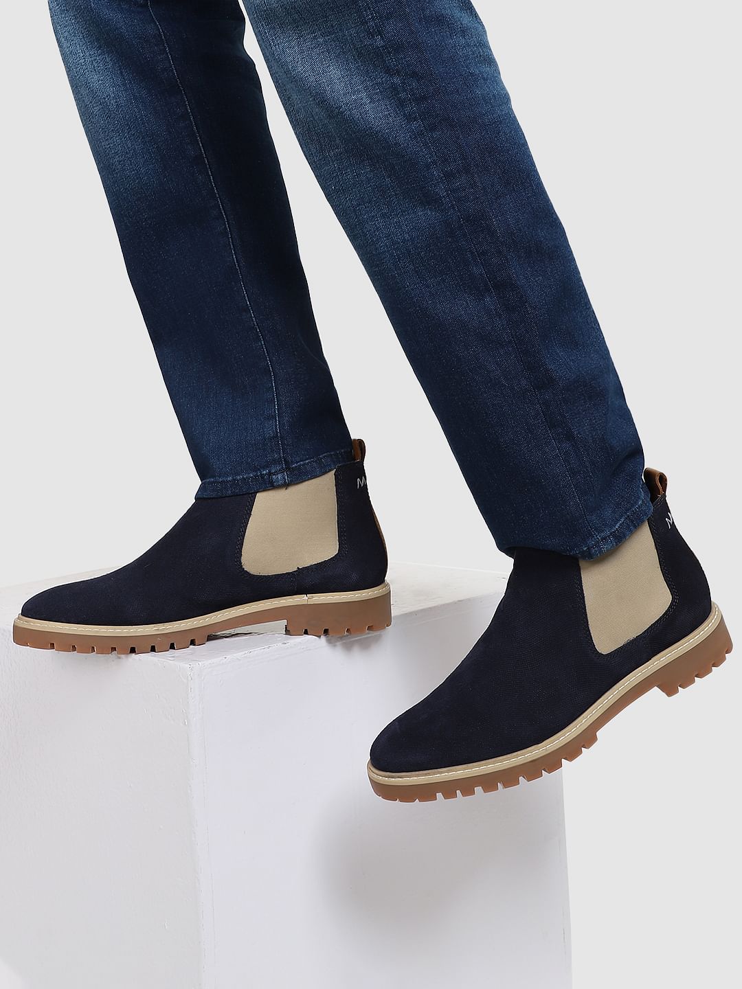 Navy Blue Colourblocked Chelsea Boots