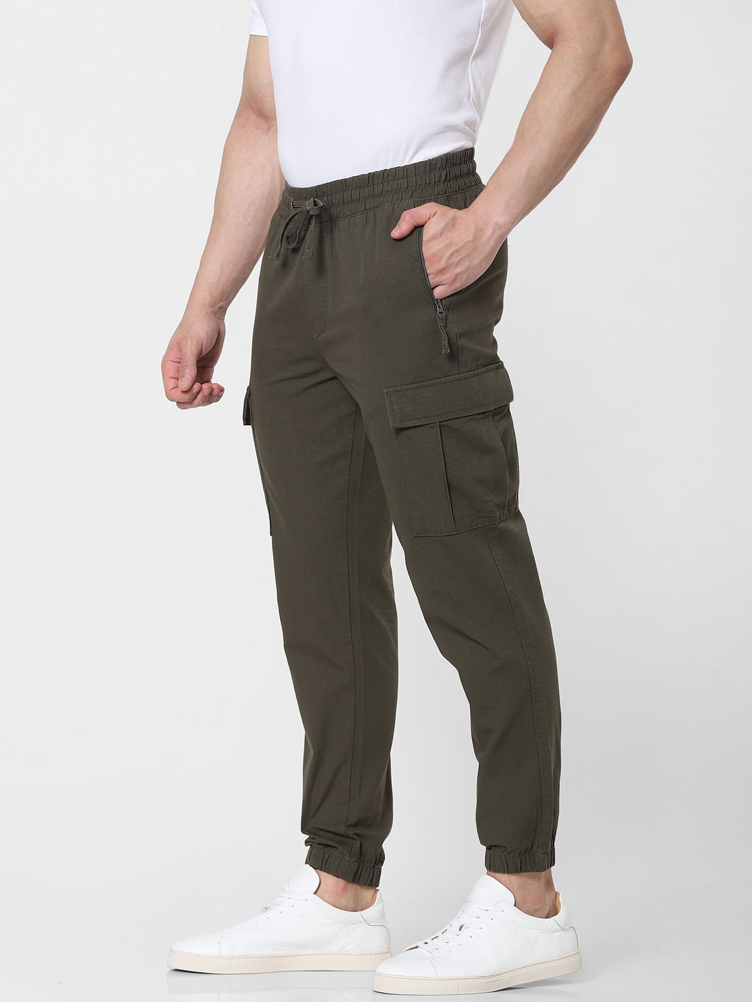 Olive Green Mid Rise Tapered Fit Pants