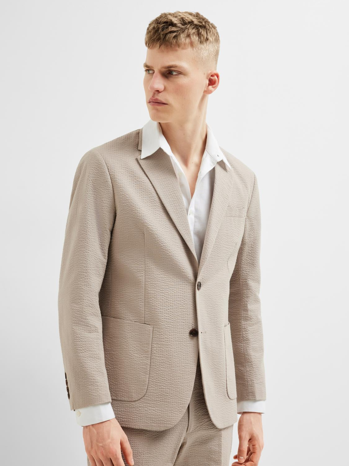 Beige Seersucker Tailored Blazer