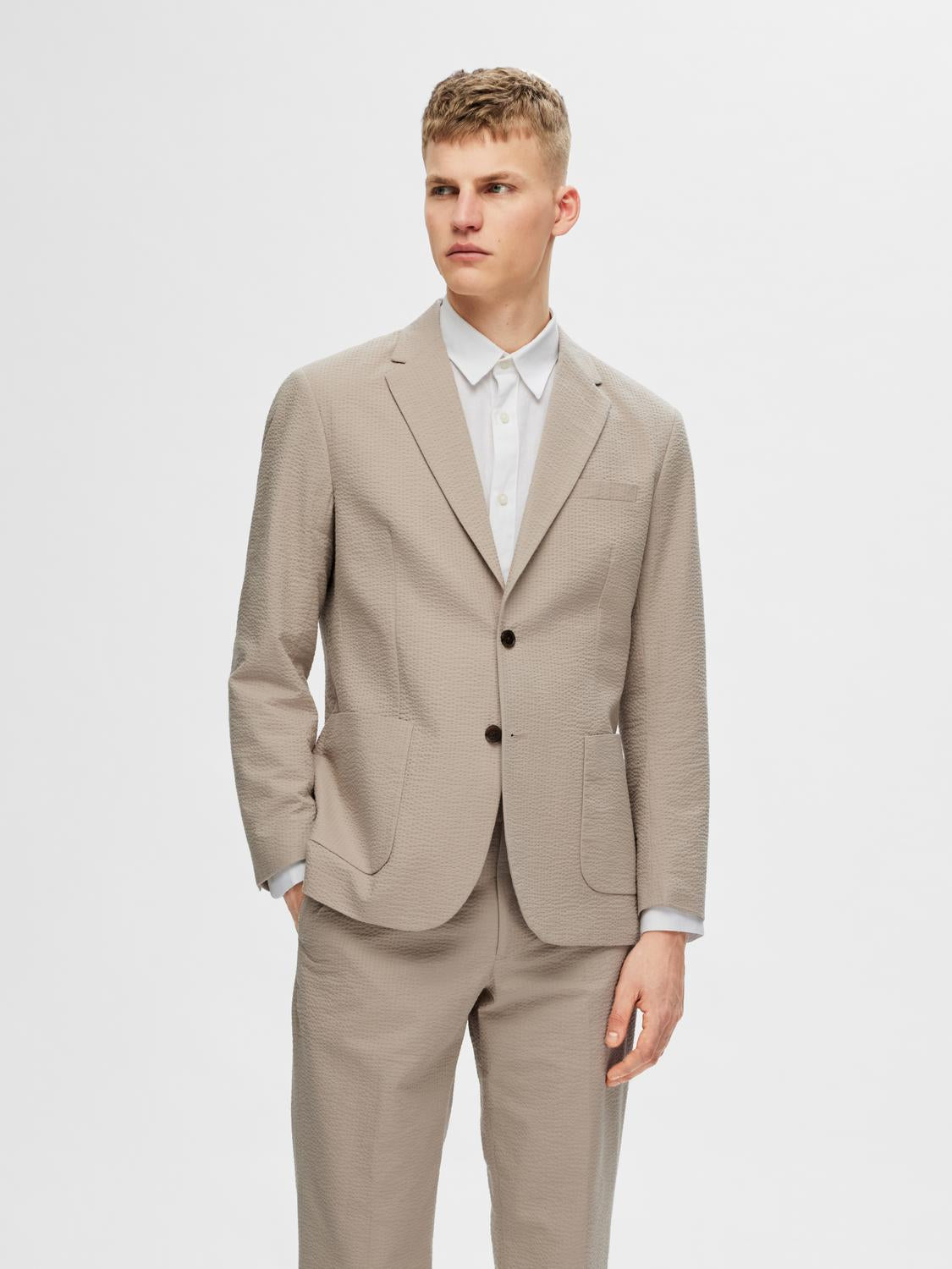 Beige Seersucker Tailored Blazer
