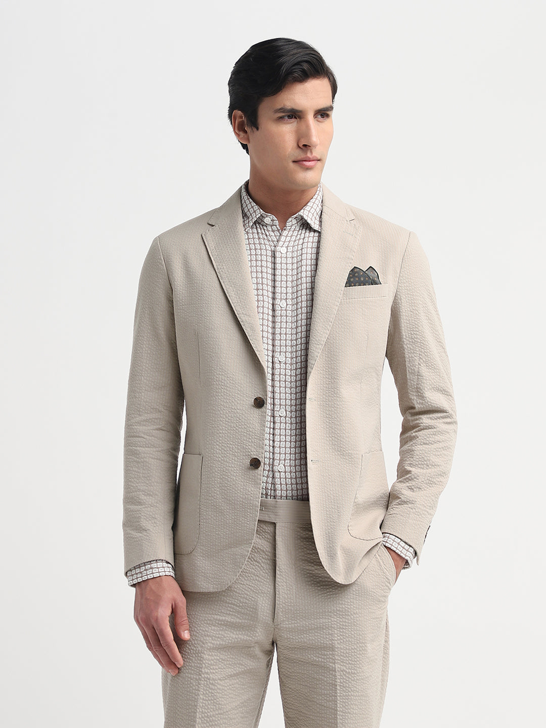 Beige Seersucker Tailored Blazer