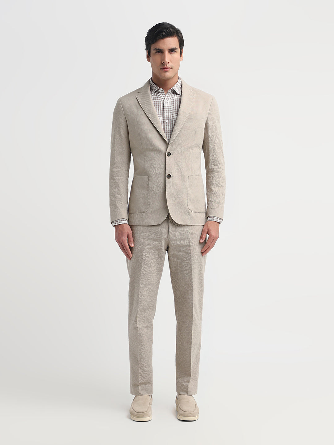 Beige Seersucker Tailored Blazer