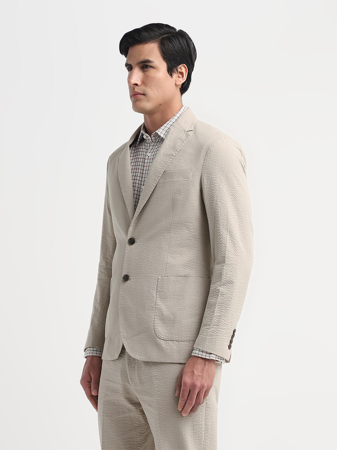 Beige Seersucker Tailored Blazer