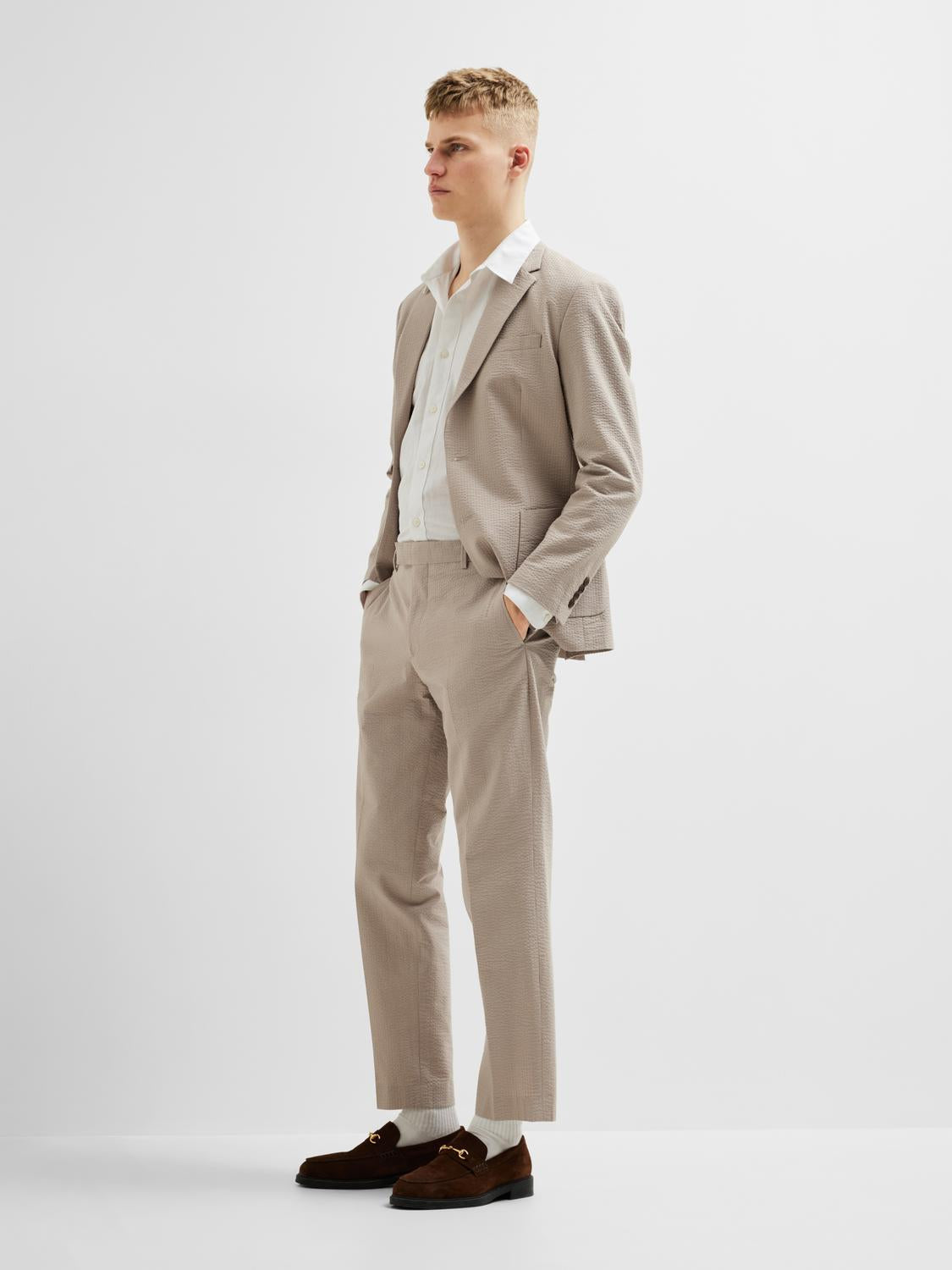 Beige Seersucker Tailored Trousers
