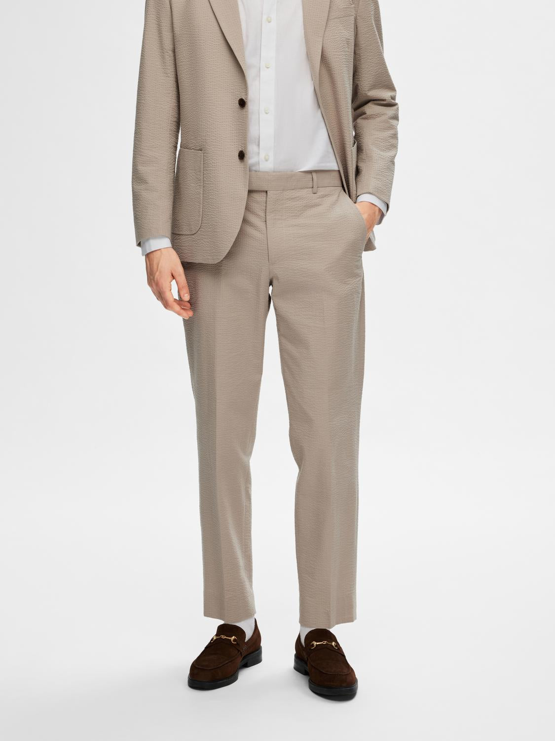 Beige Seersucker Tailored Trousers