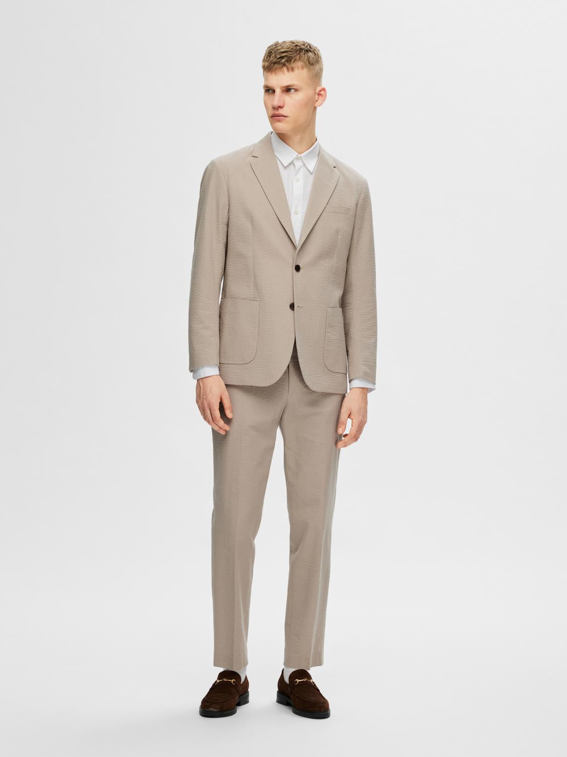 Beige Seersucker Tailored Trousers