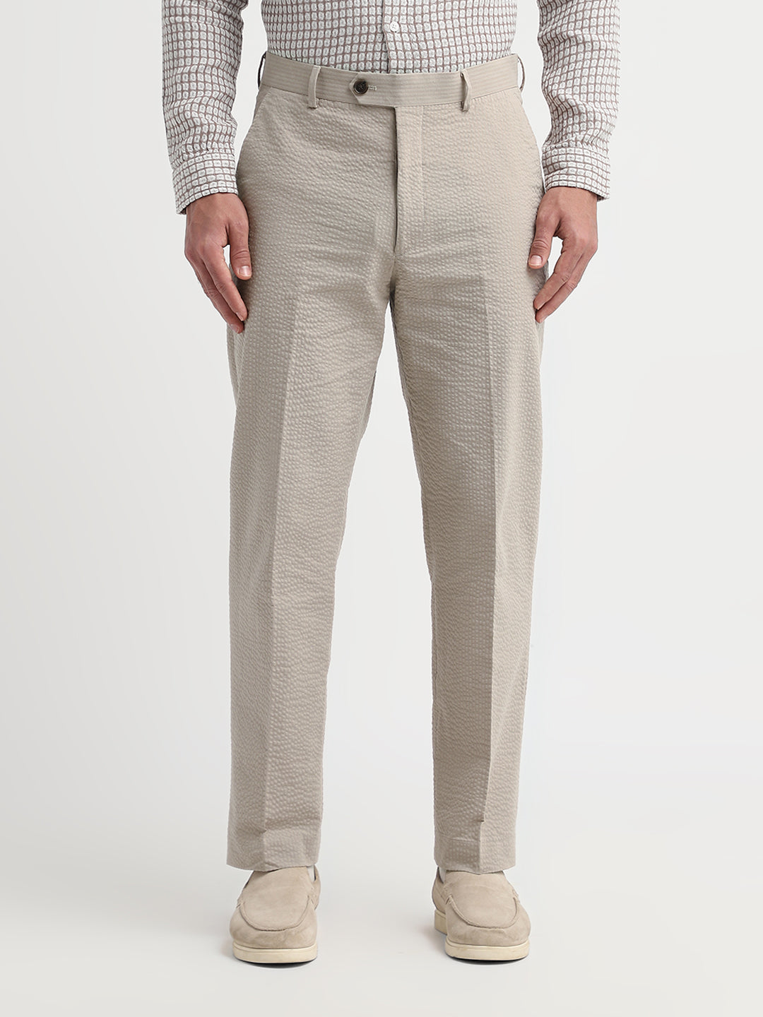 Beige Seersucker Tailored Trousers