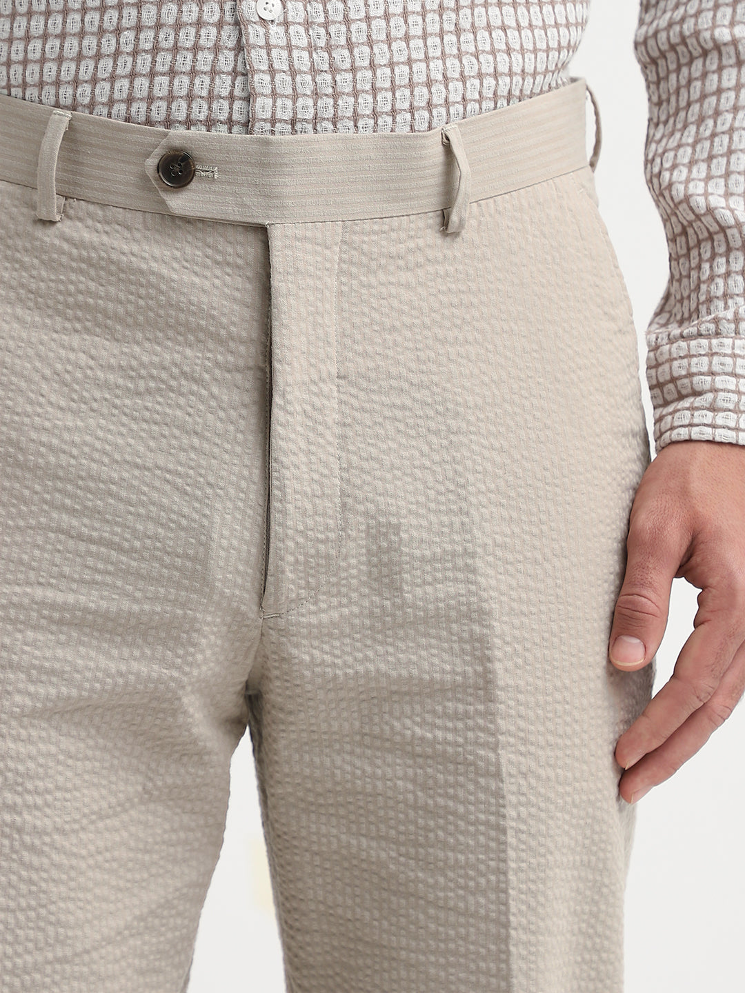 Beige Seersucker Tailored Trousers