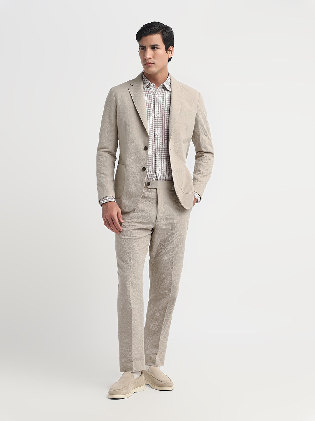 Beige Seersucker Tailored Trousers