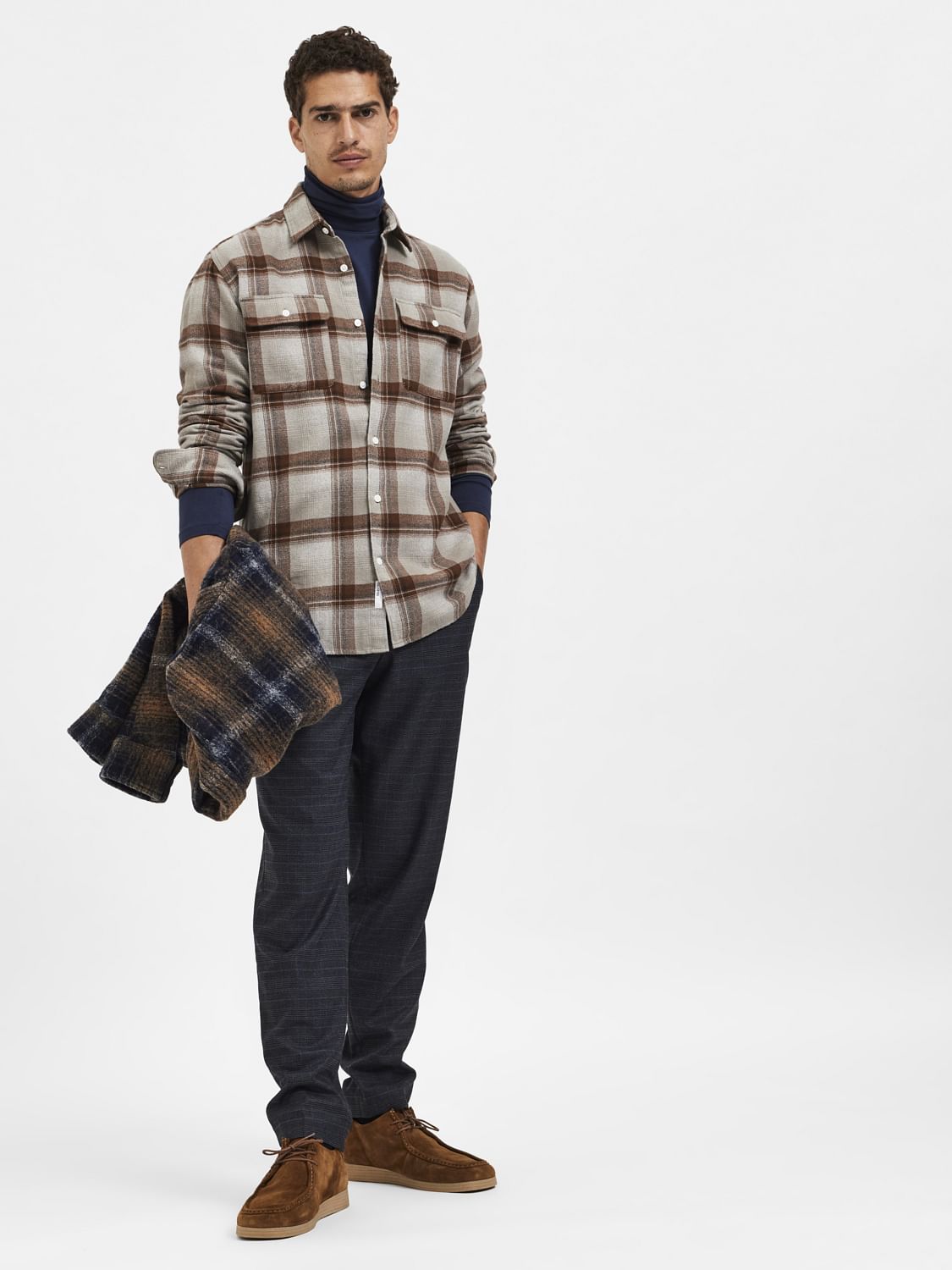 Dark Blue Mid Rise Check Slim Trousers