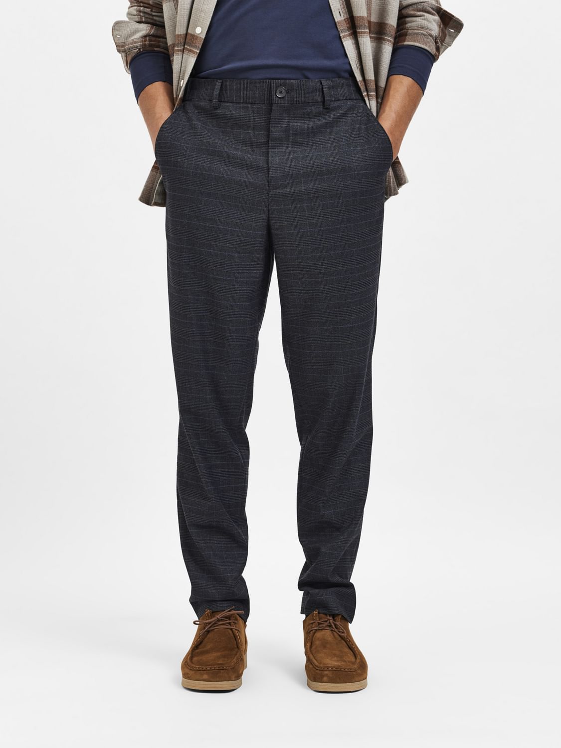 Dark Blue Mid Rise Check Slim Trousers