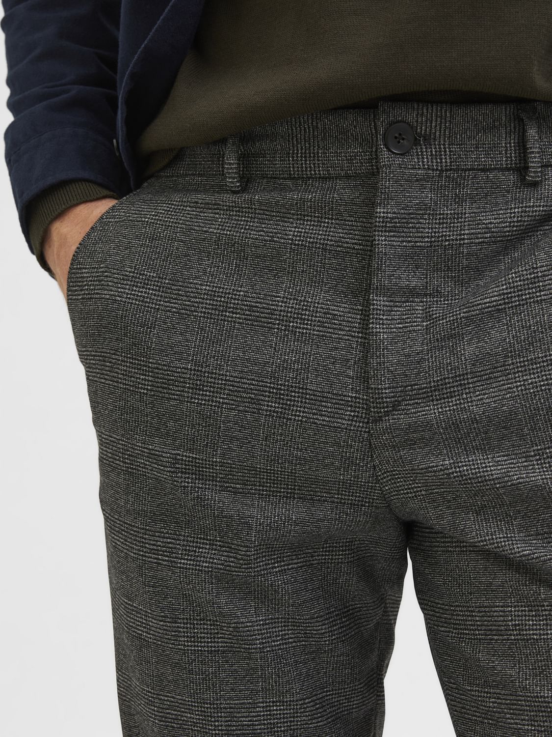 Grey Mid Rise Check Slim Trousers