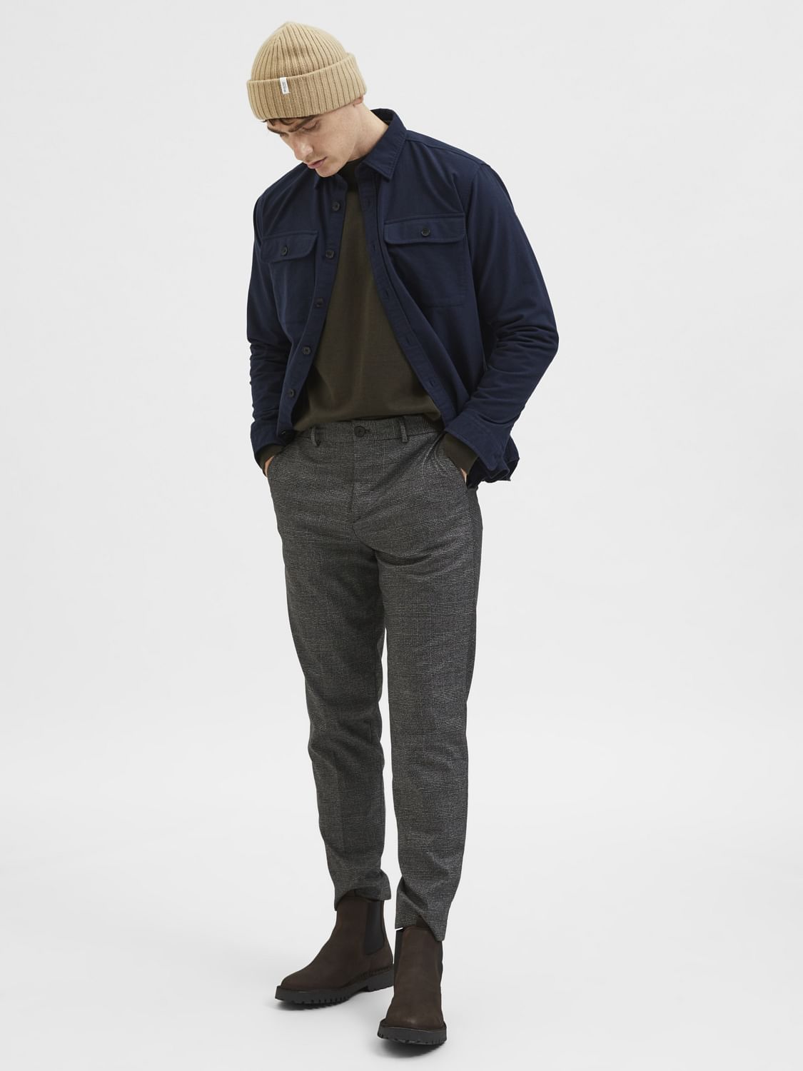 Grey Mid Rise Check Slim Trousers