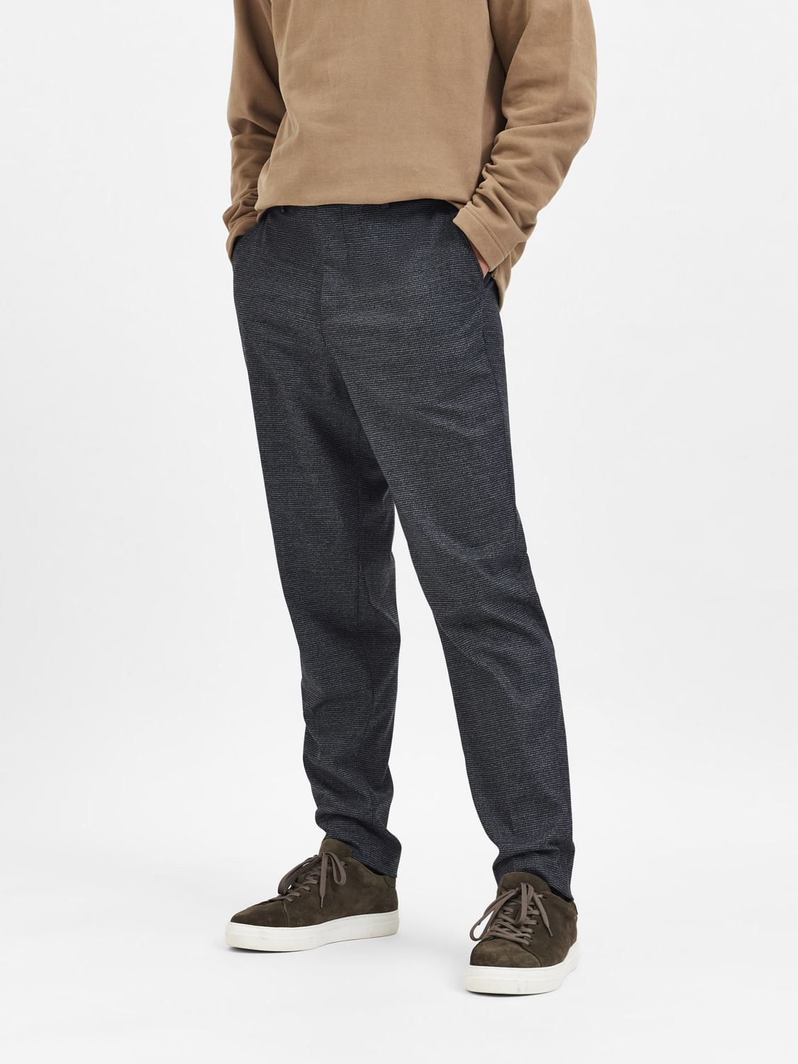 Dark Grey Mid Rise Check Slim Trousers