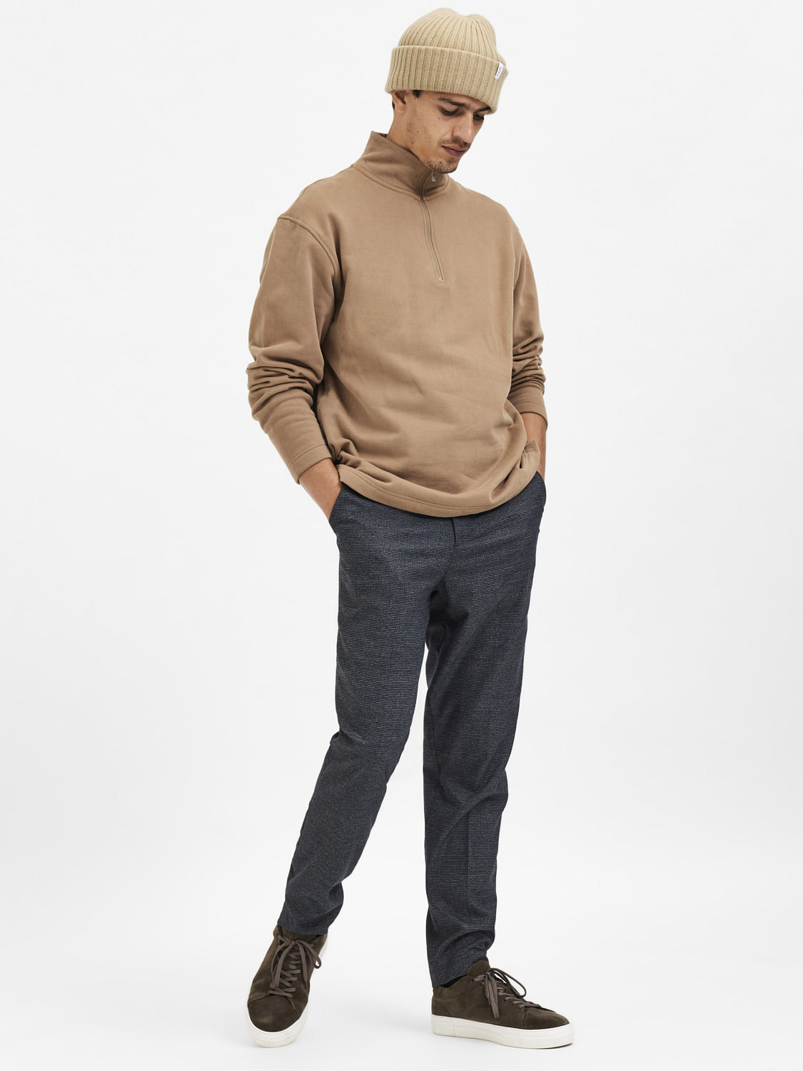 Dark Grey Mid Rise Check Slim Trousers