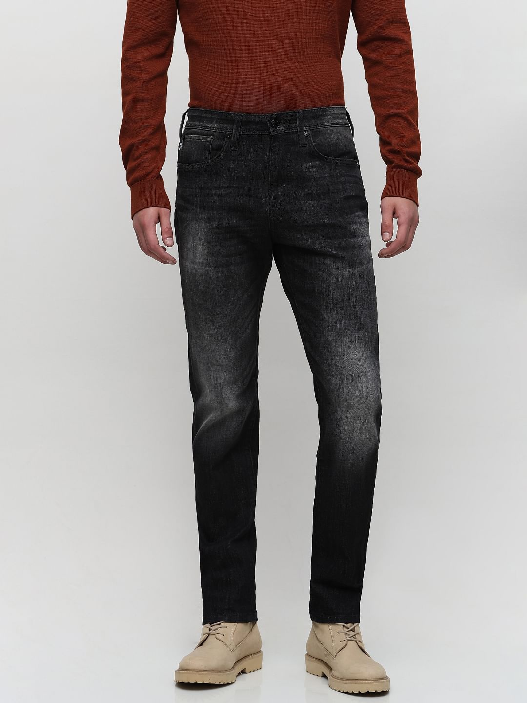 Grey Mid Rise Washed Regular Fit Jeans