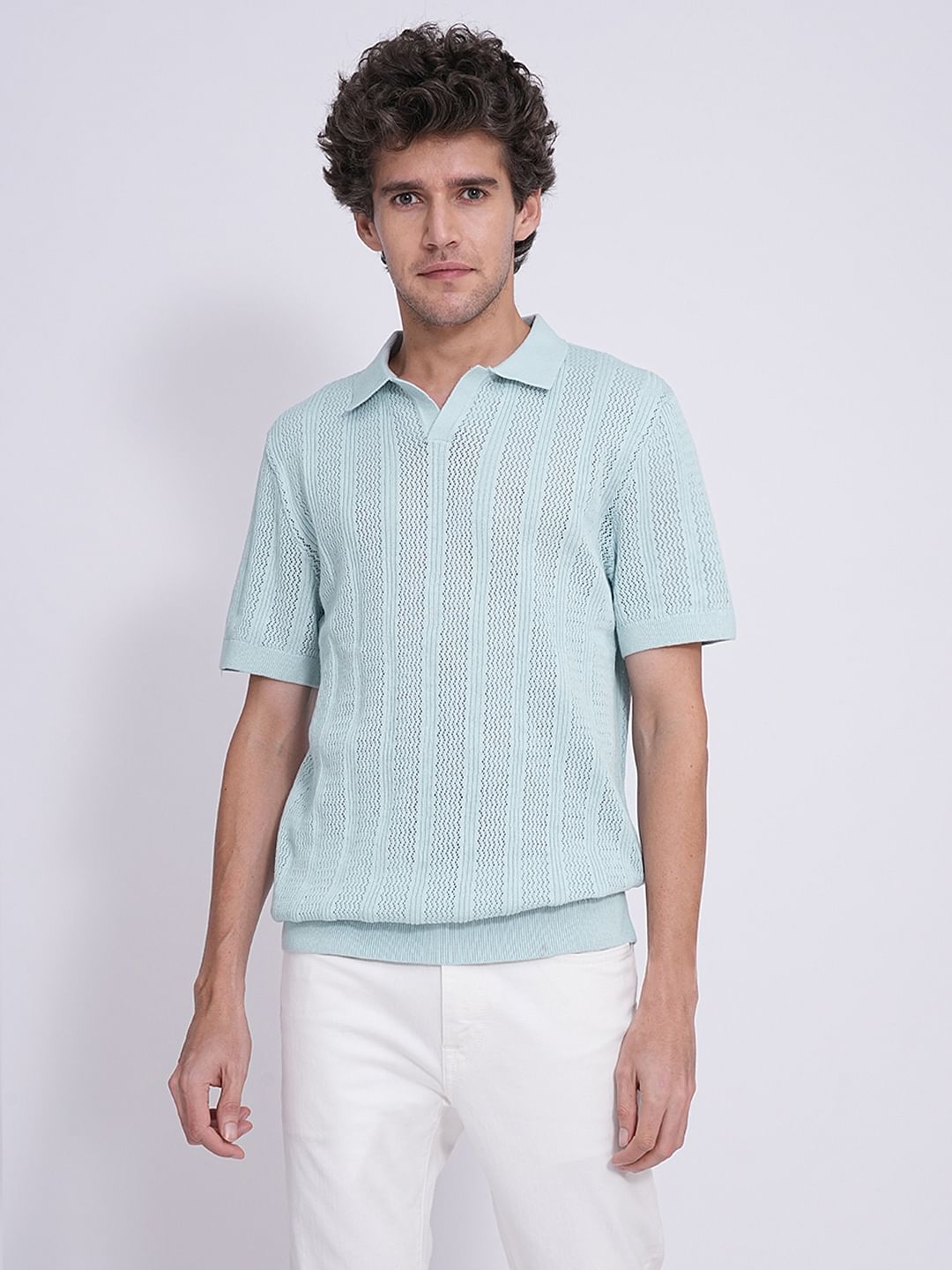 Blue Crochet Organic Cotton Knit Polo