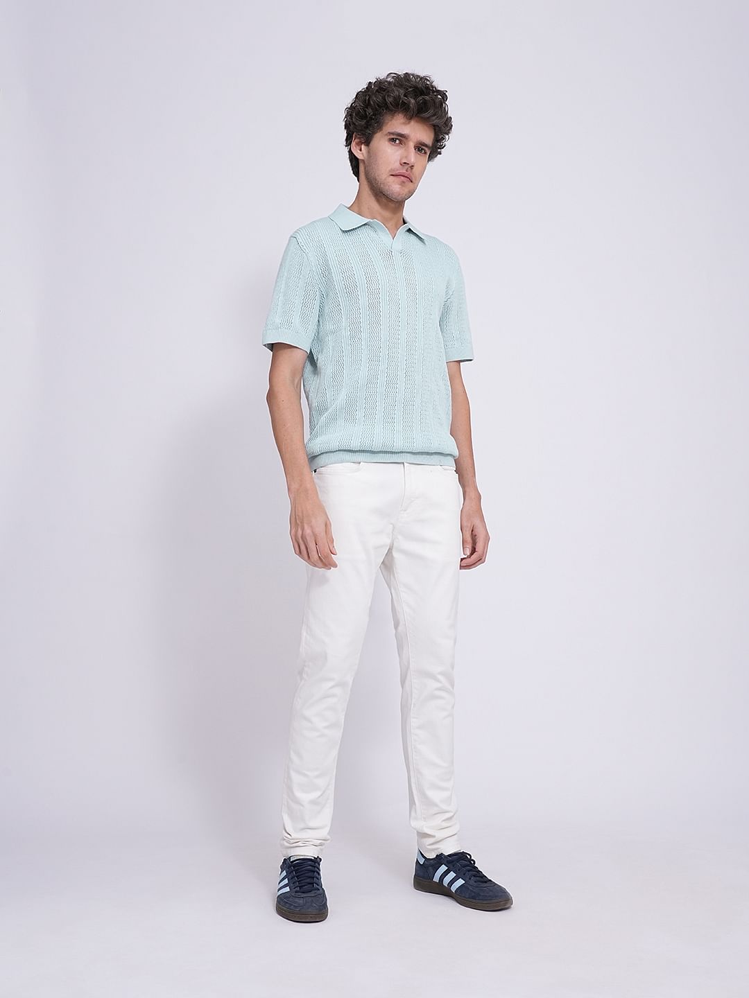 Blue Crochet Organic Cotton Knit Polo