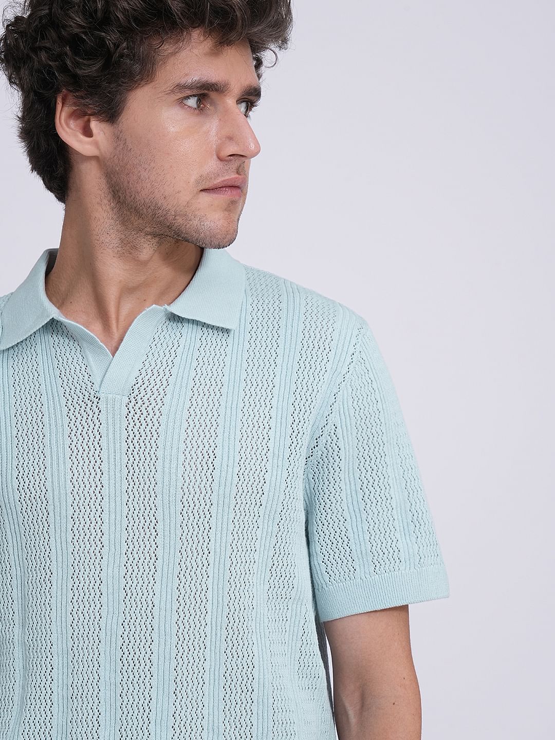 Blue Crochet Organic Cotton Knit Polo