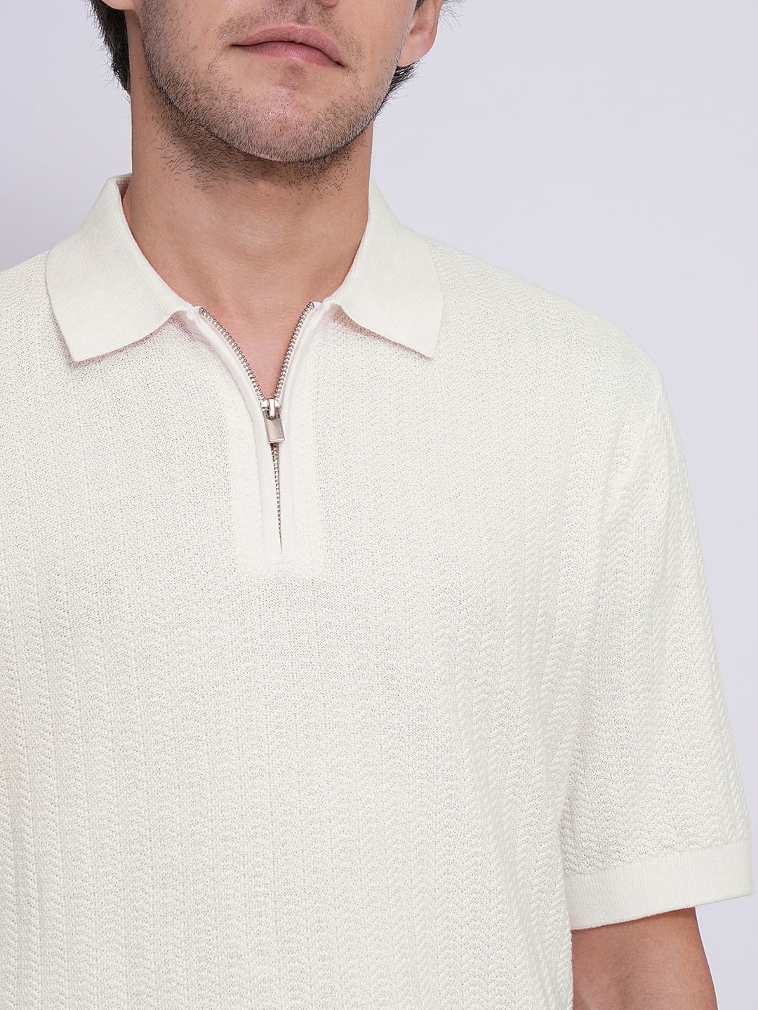 Beige Organic Cotton Zip Polo