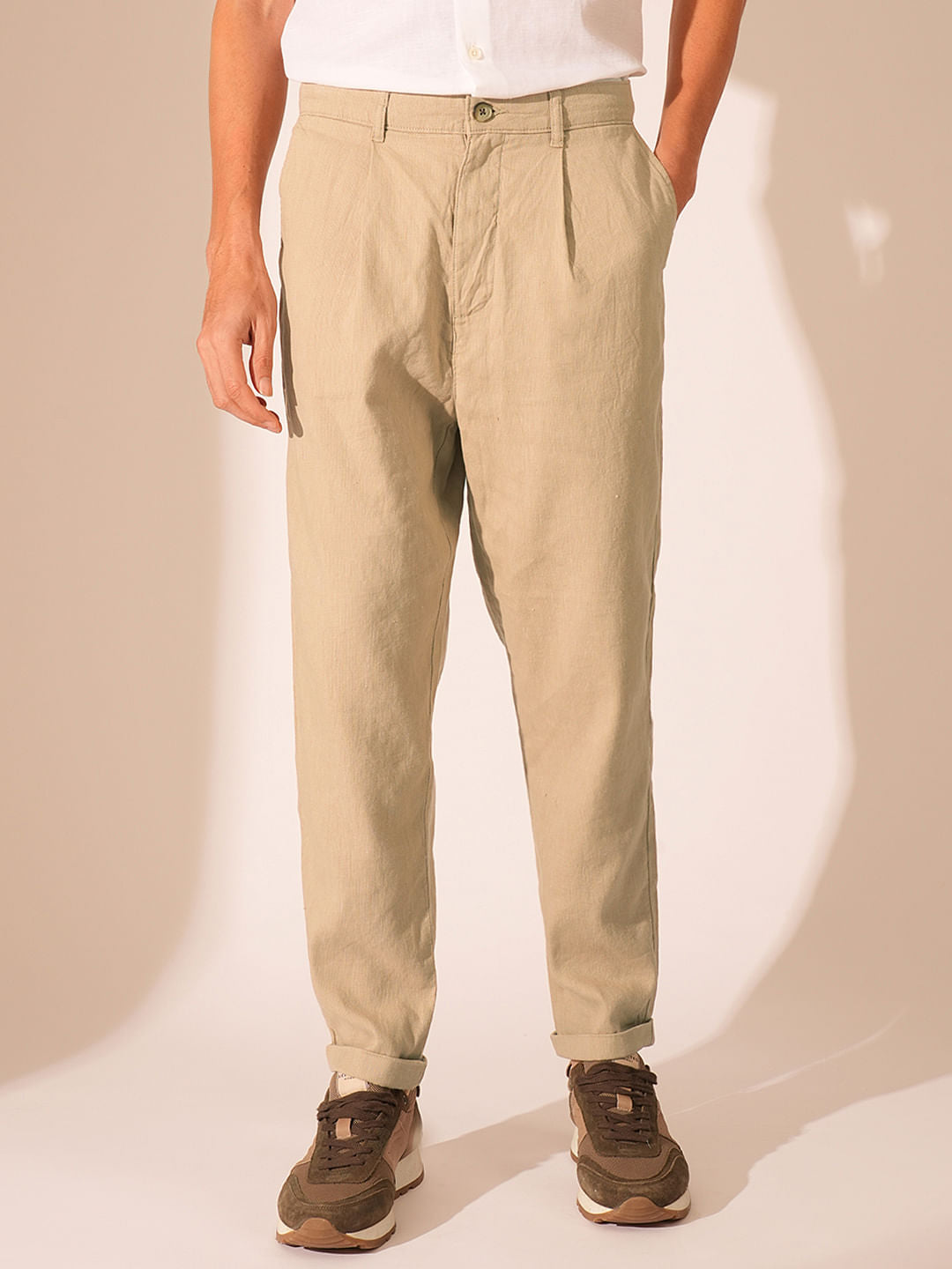 Buy Beige Relaxed Fit Cropped Pants for Men Online