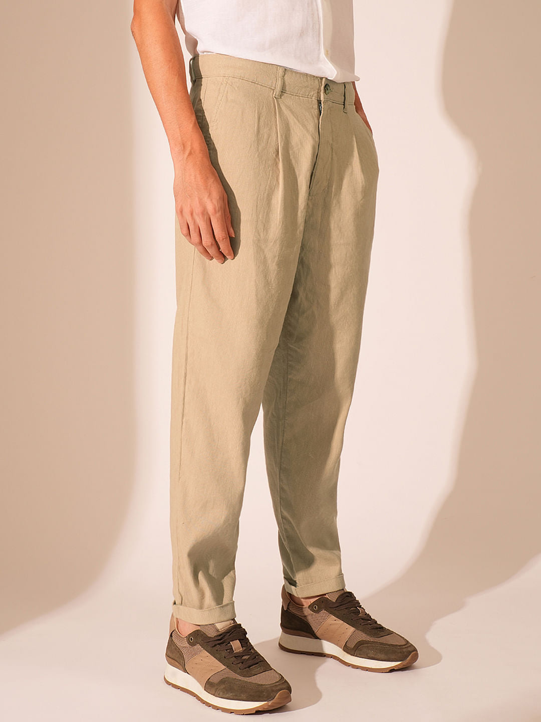 Beige Relaxed Fit Cropped Pants