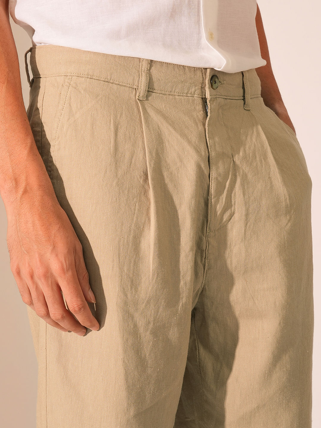 Beige Relaxed Fit Cropped Pants