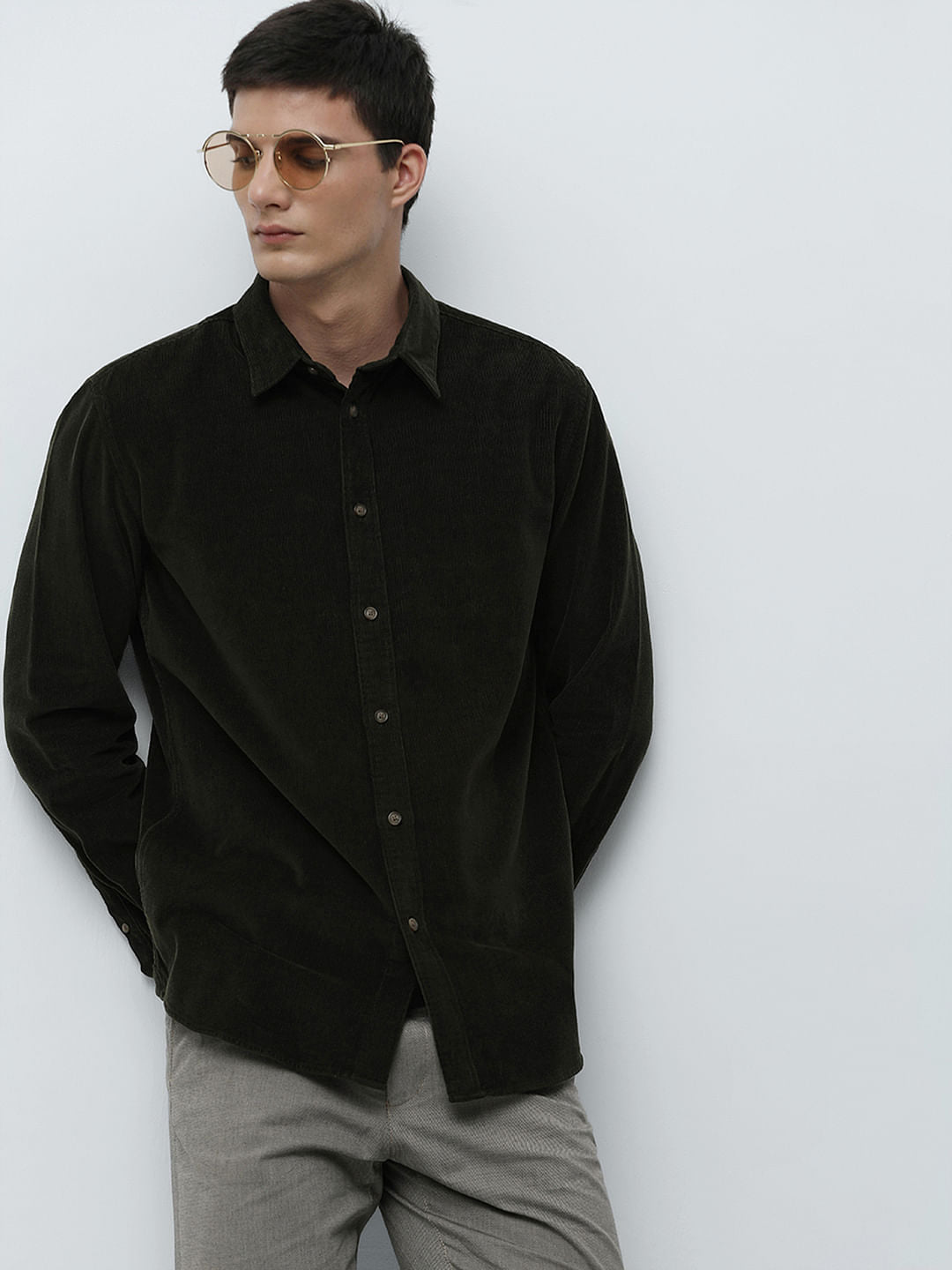 Green Corduroy Full Sleeves Shirt