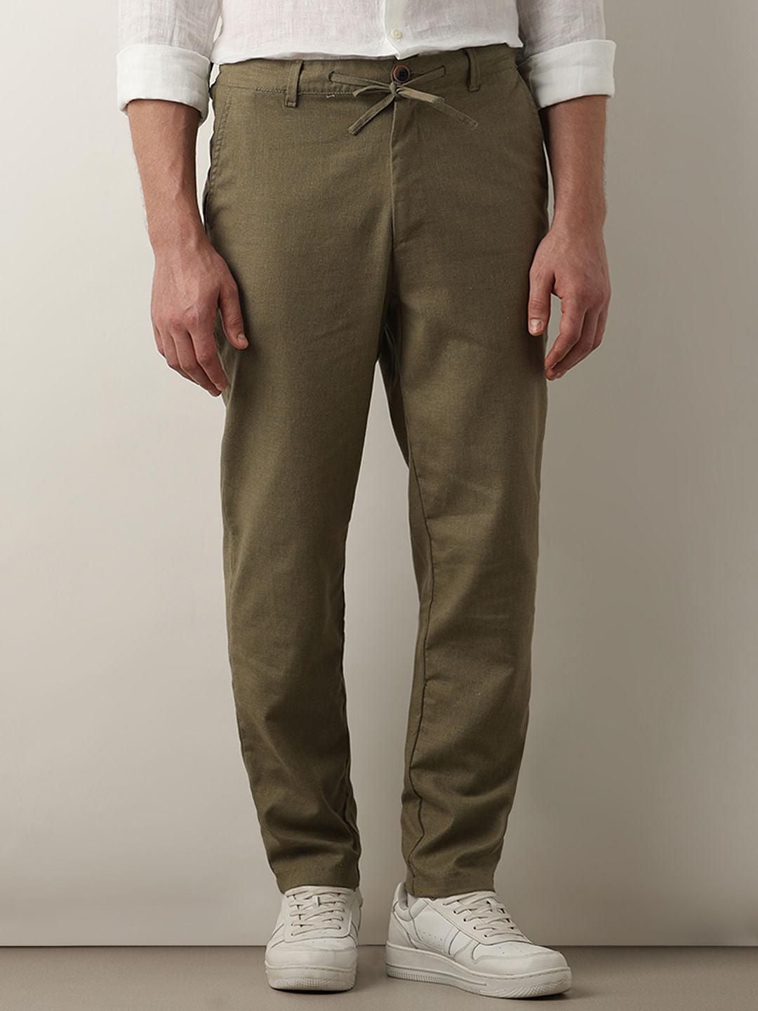 Dark Green Mid Rise Casual Pants