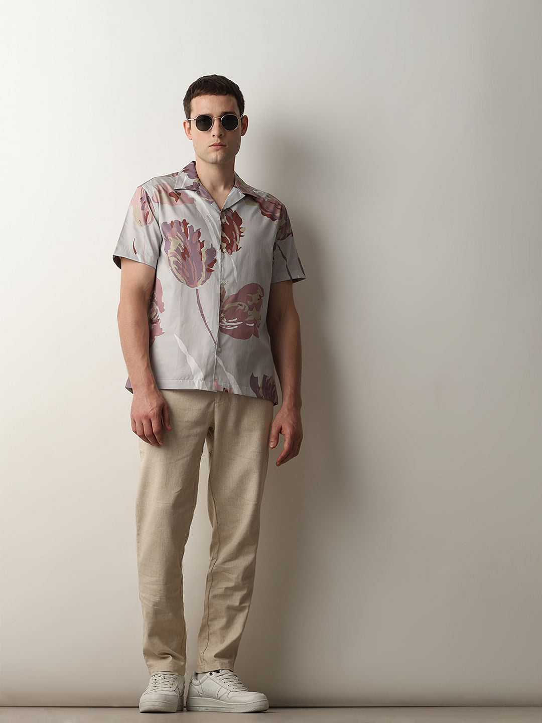 Beige Mid Rise Casual Pants