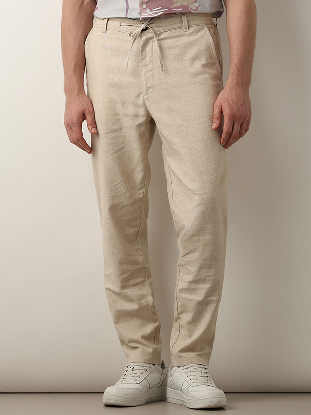 Beige Mid Rise Casual Pants