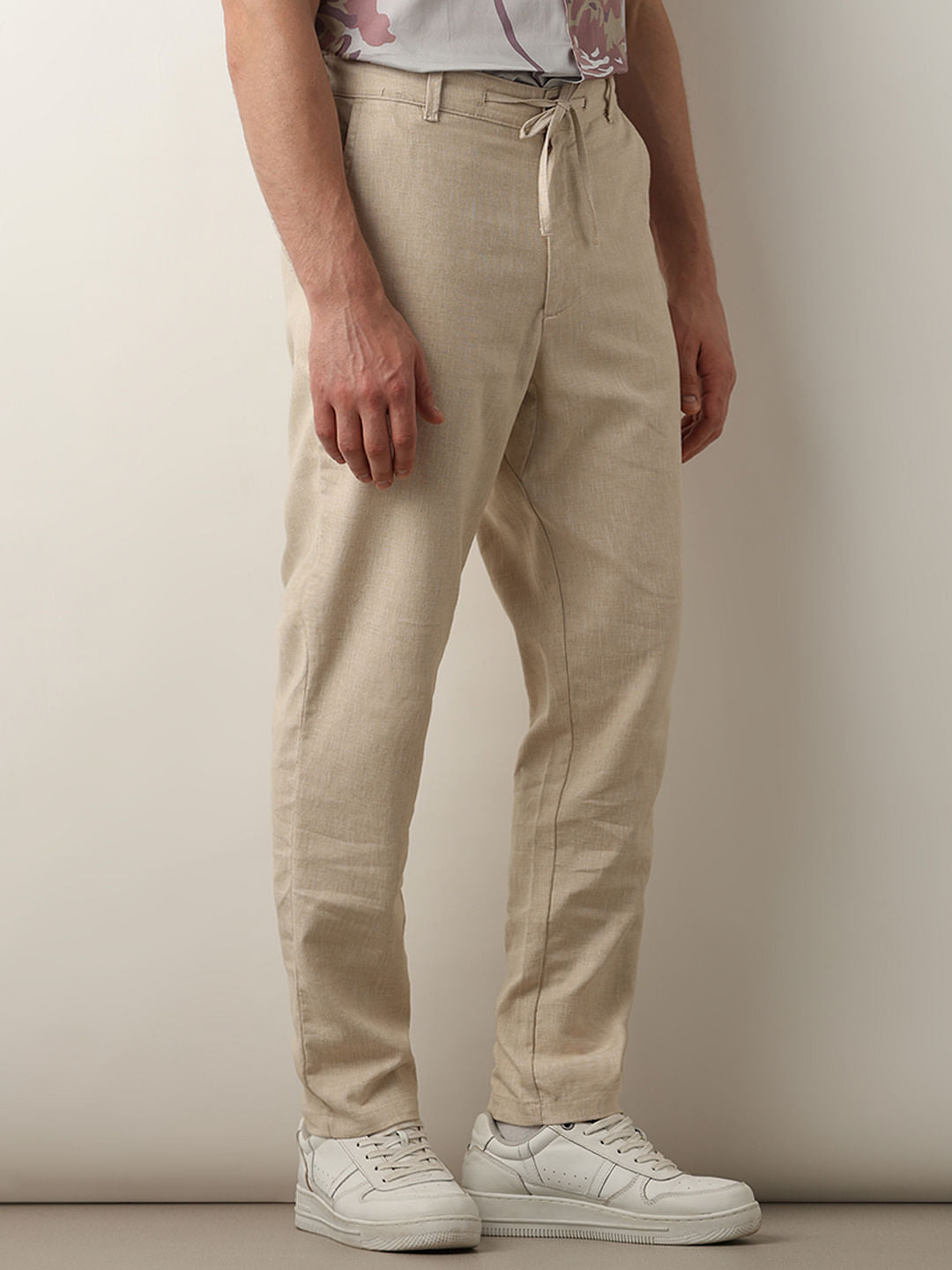 Beige Mid Rise Casual Pants